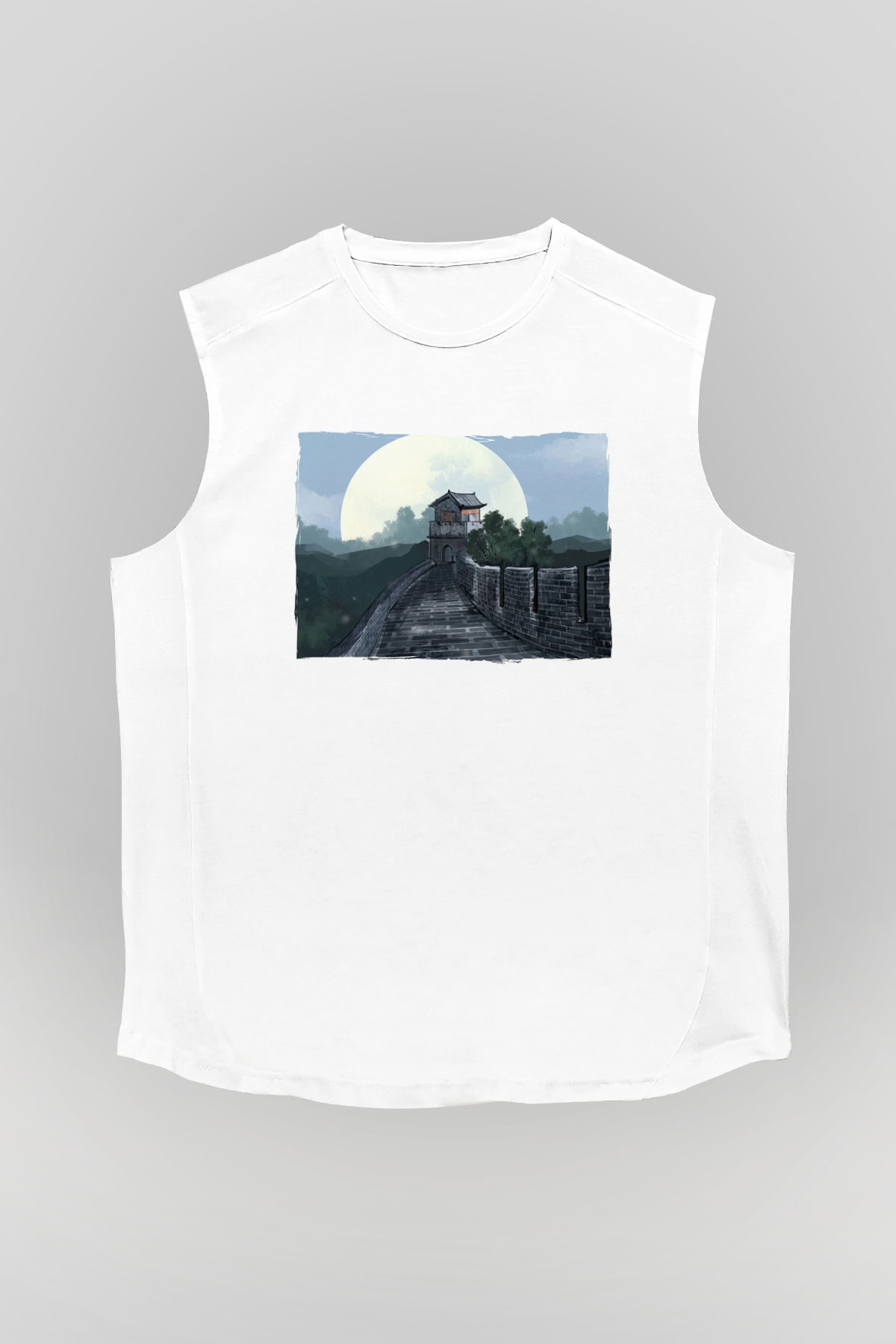 Çin Seddi Beyaz Unisex Kolsuz Tişört
