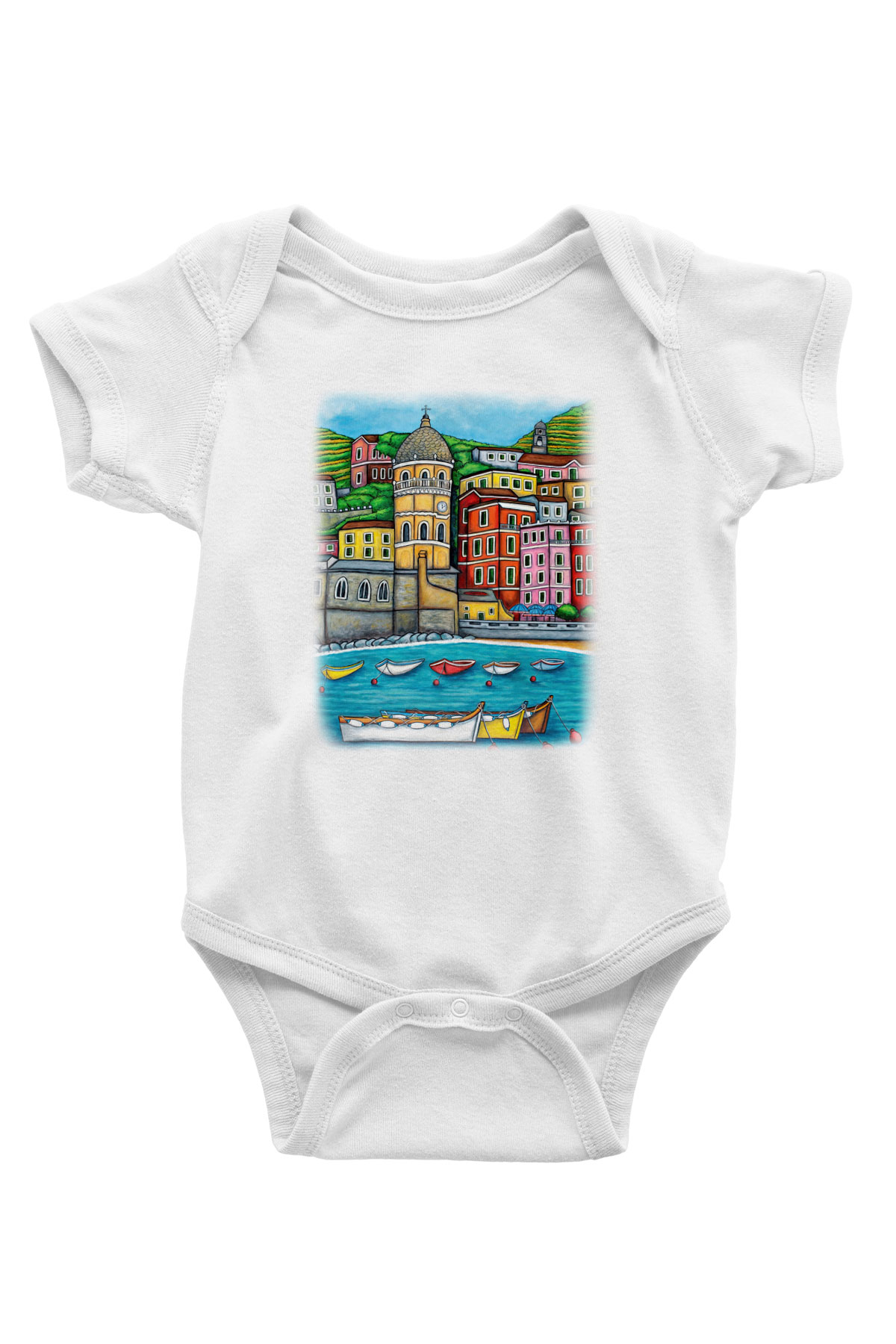 Cinque Terre Baskılı Beyaz Unisex Bebek Body - Zıbın