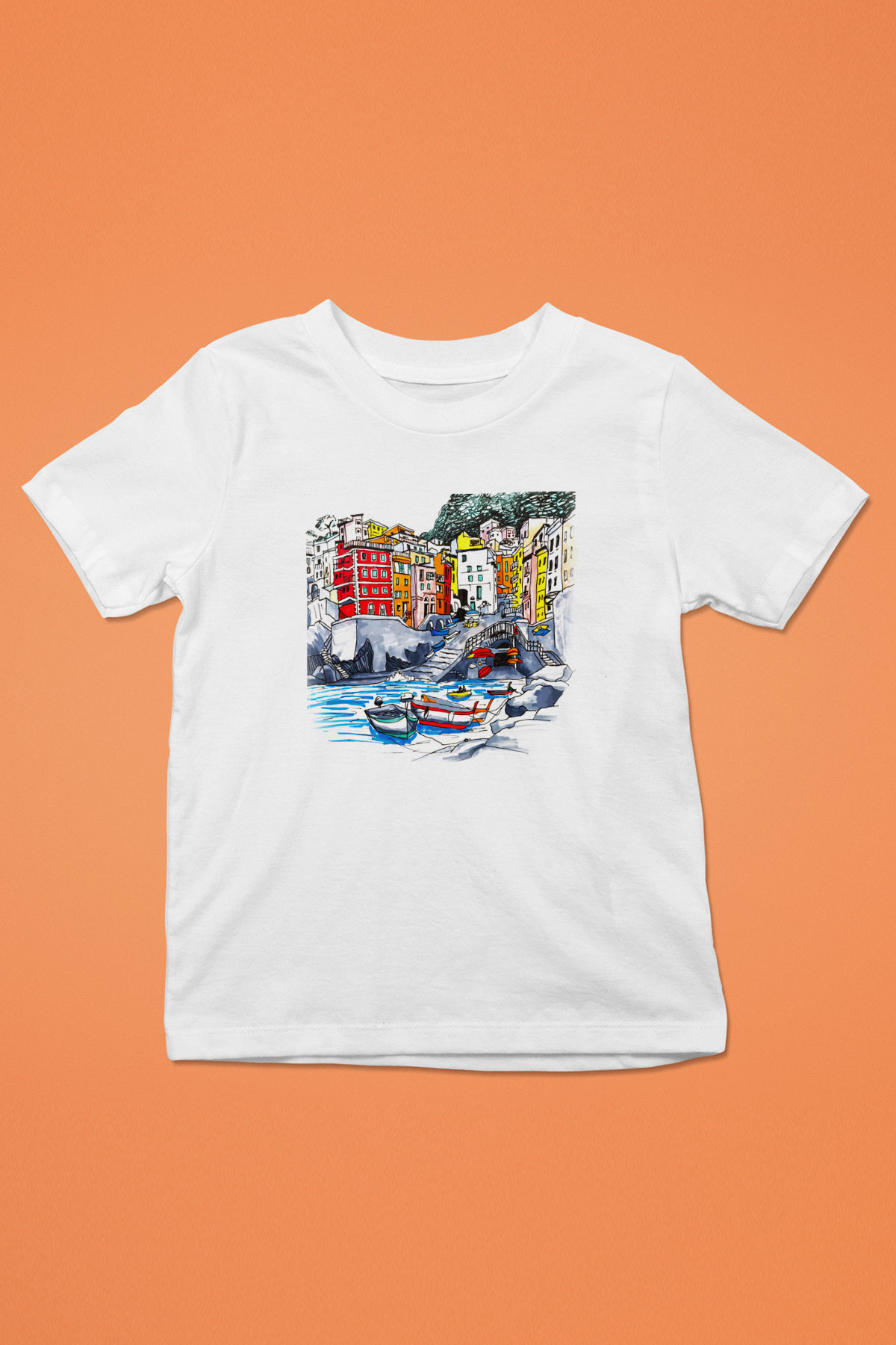 Cinque Terre Baskılı Beyaz Unisex Çocuk Tişört