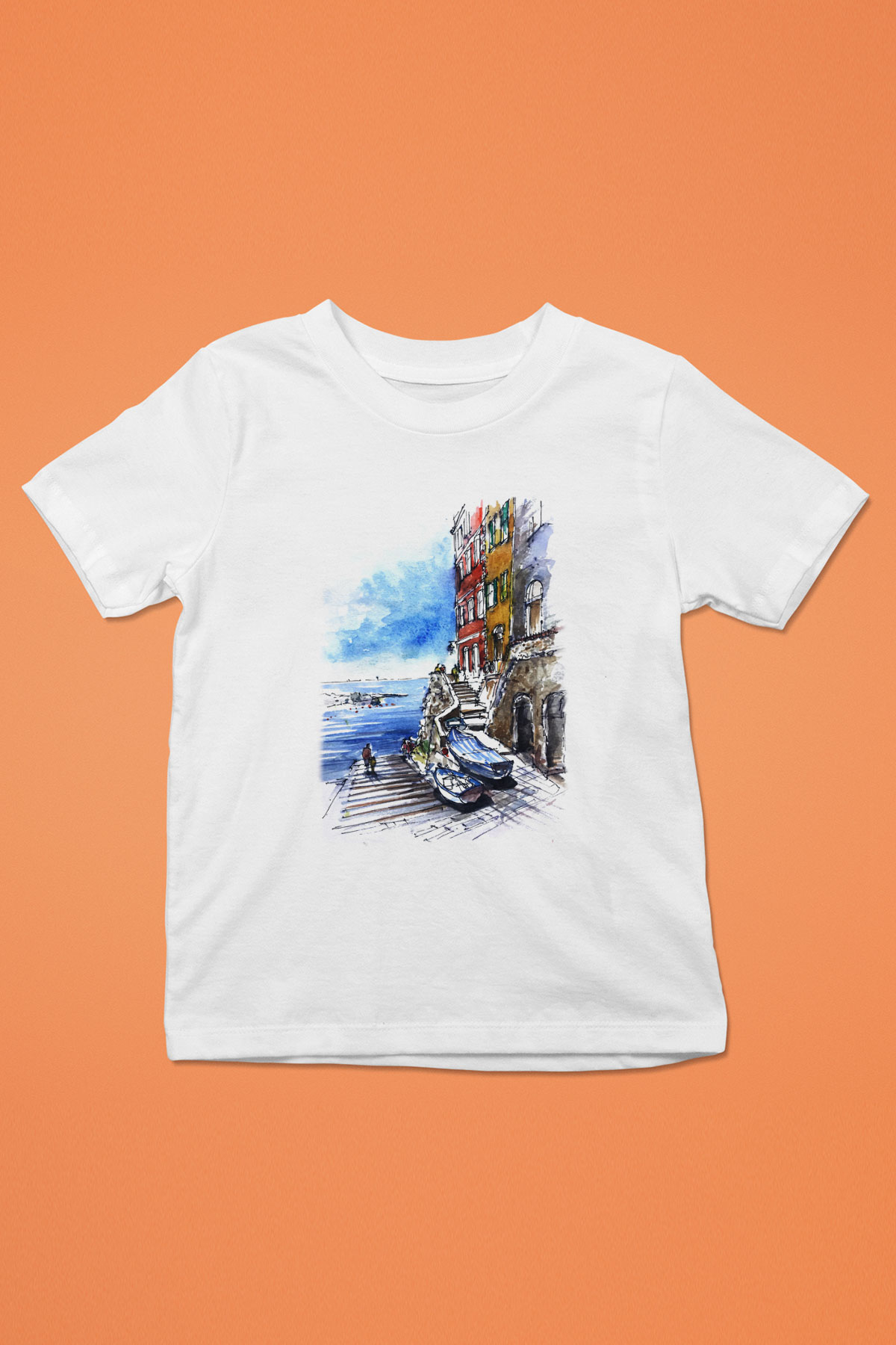 Cinque Terre Baskılı Beyaz Unisex Çocuk Tişört