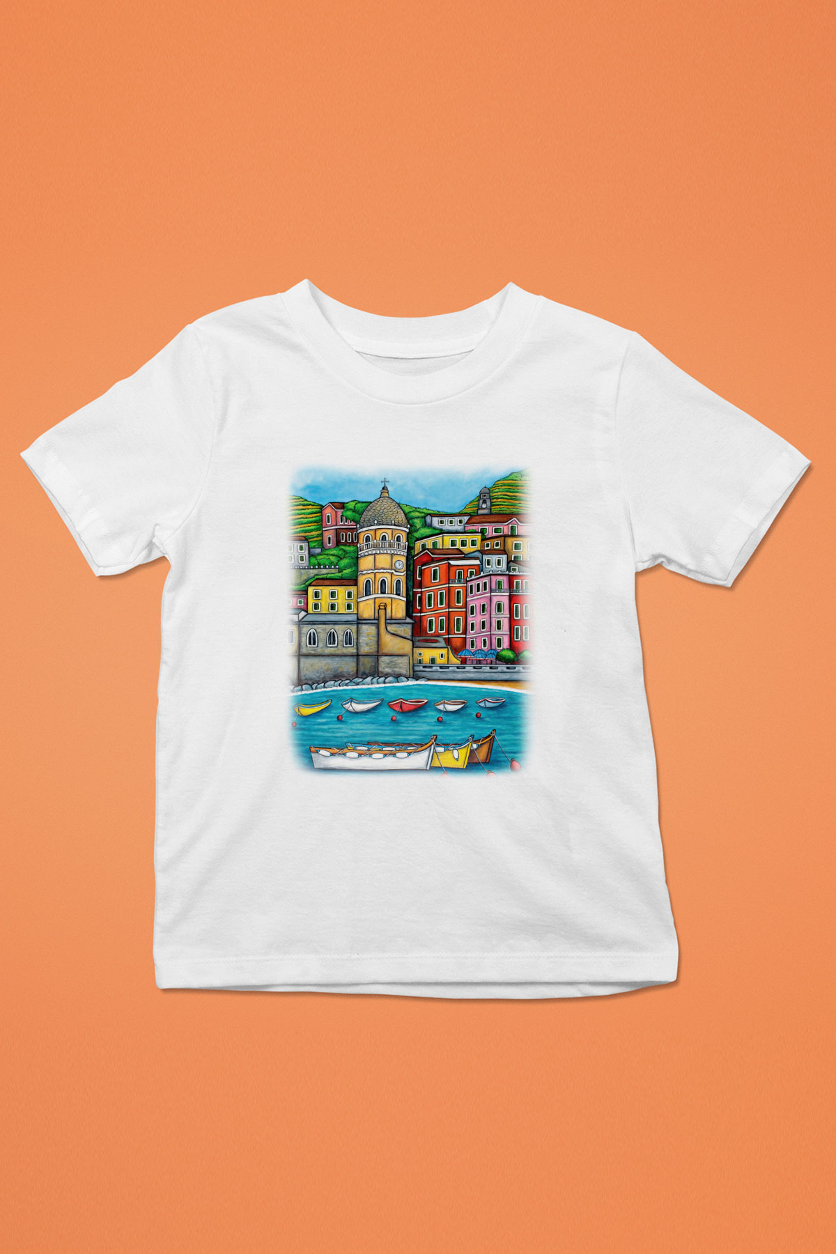 Cinque Terre Baskılı Beyaz Unisex Çocuk Tişört
