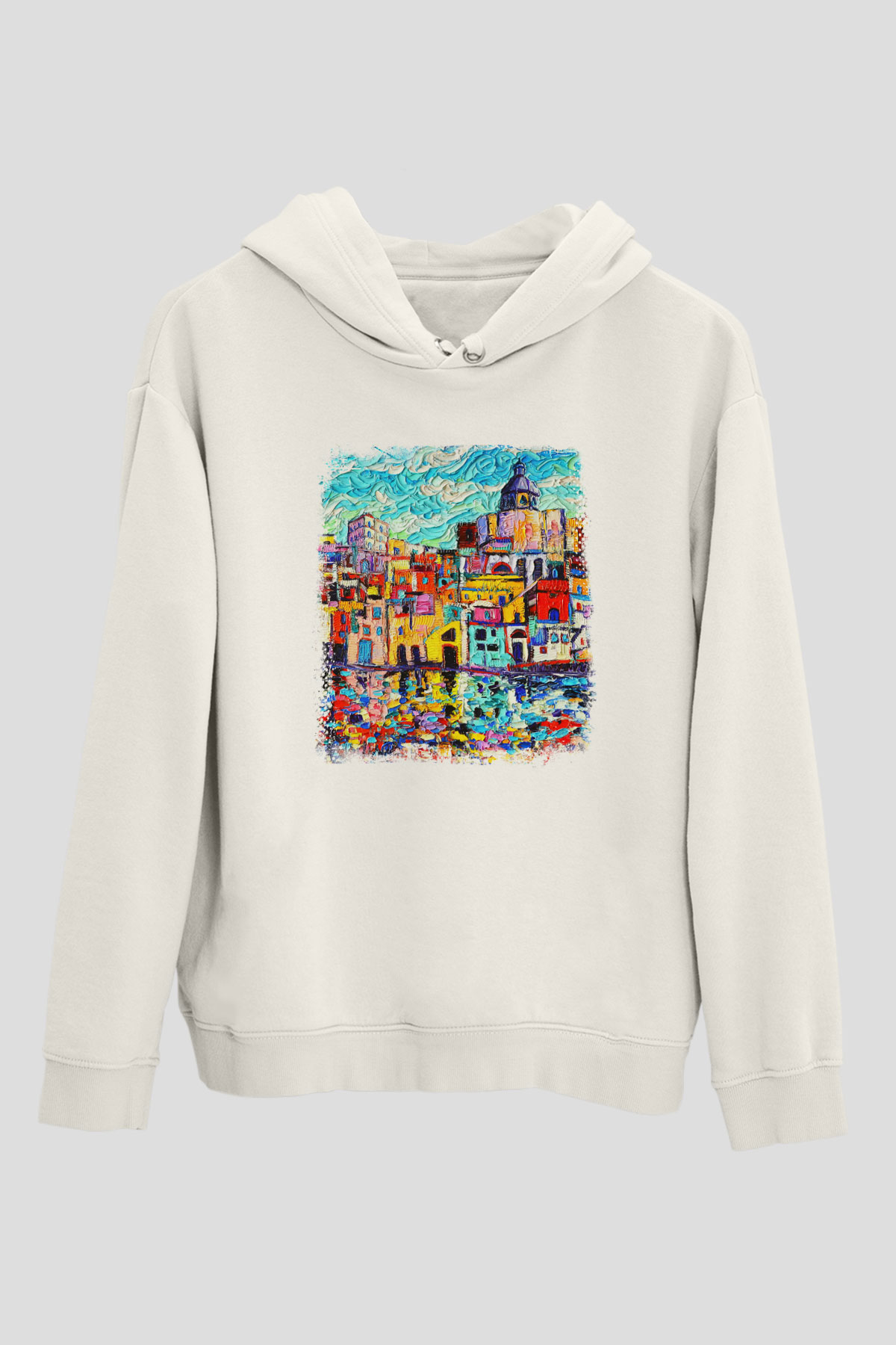 Cinque Terre Beyaz Unisex Kapşonlu Sweatshirt