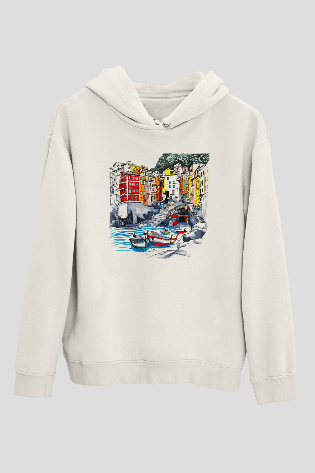 Cinque Terre Beyaz Unisex Kapşonlu Sweatshirt