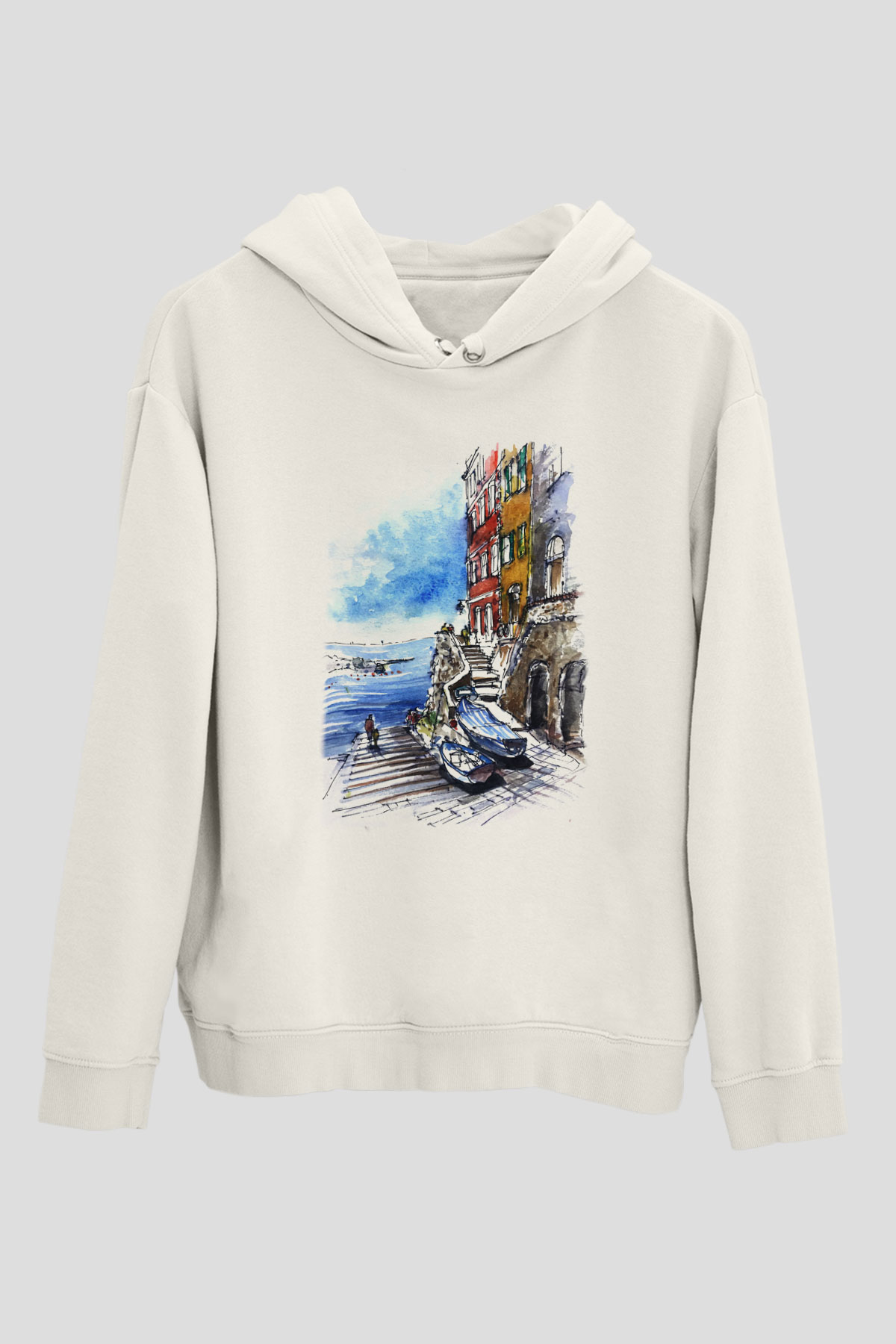 Cinque Terre Beyaz Unisex Kapşonlu Sweatshirt