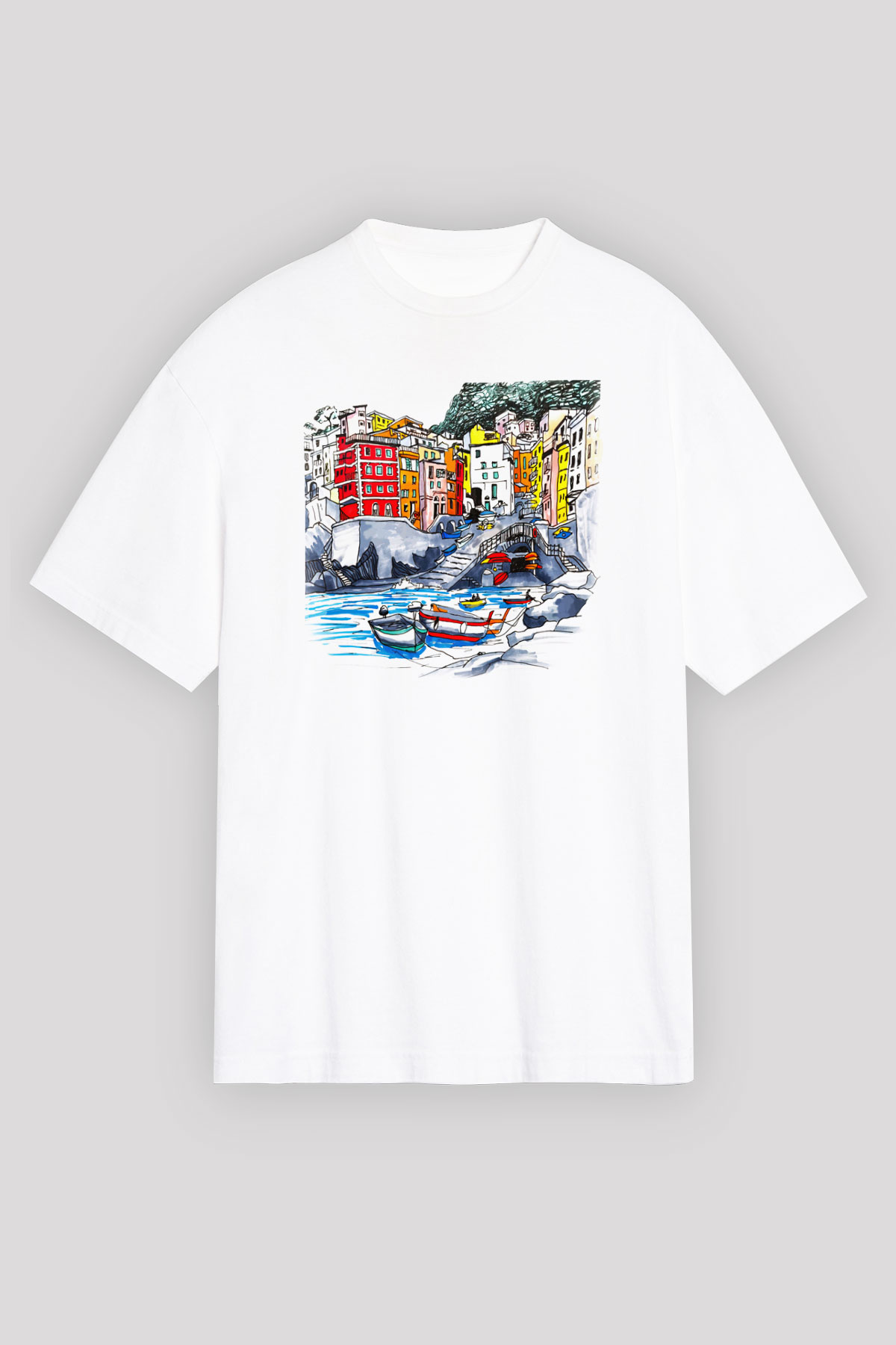 Cinque Terre Beyaz Unisex Oversize Tişört T-Shirt