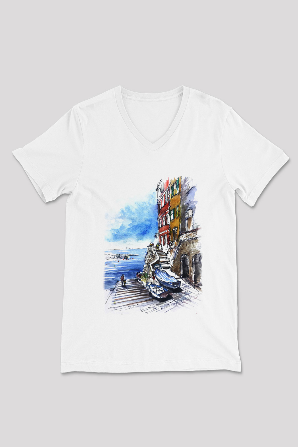 Cinque Terre Beyaz Unisex V Yaka Tişört T-Shirt