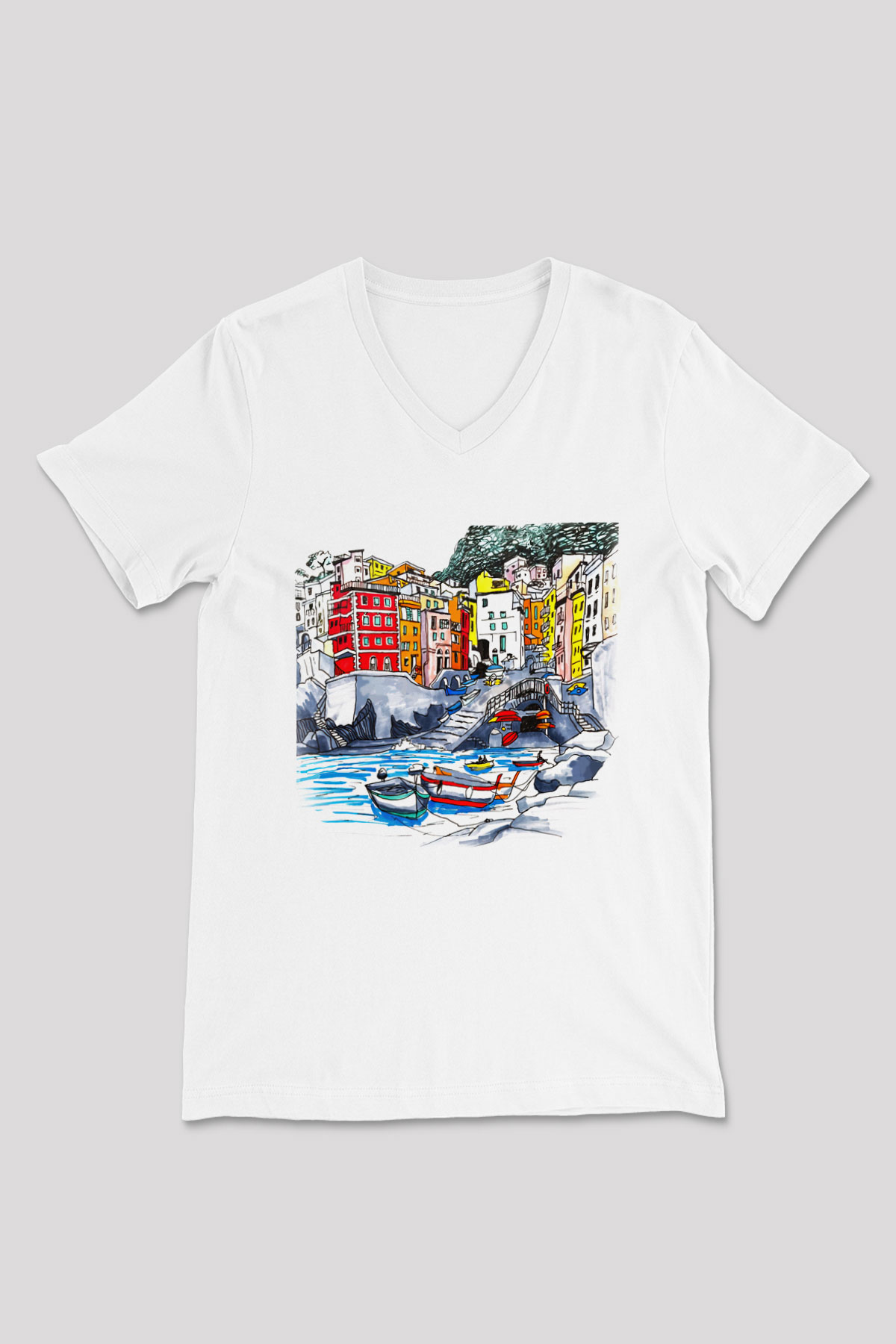 Cinque Terre Beyaz Unisex V Yaka Tişört T-Shirt