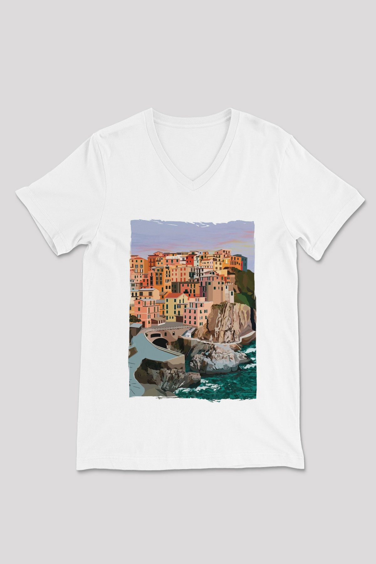 Cinque Terre Beyaz Unisex V Yaka Tişört