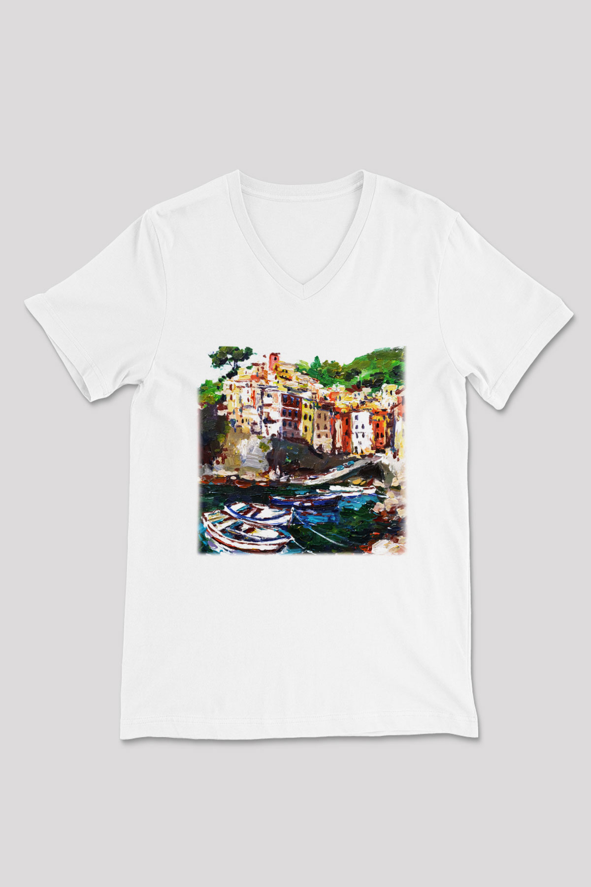Cinque Terre Beyaz Unisex V Yaka Tişört T-Shirt