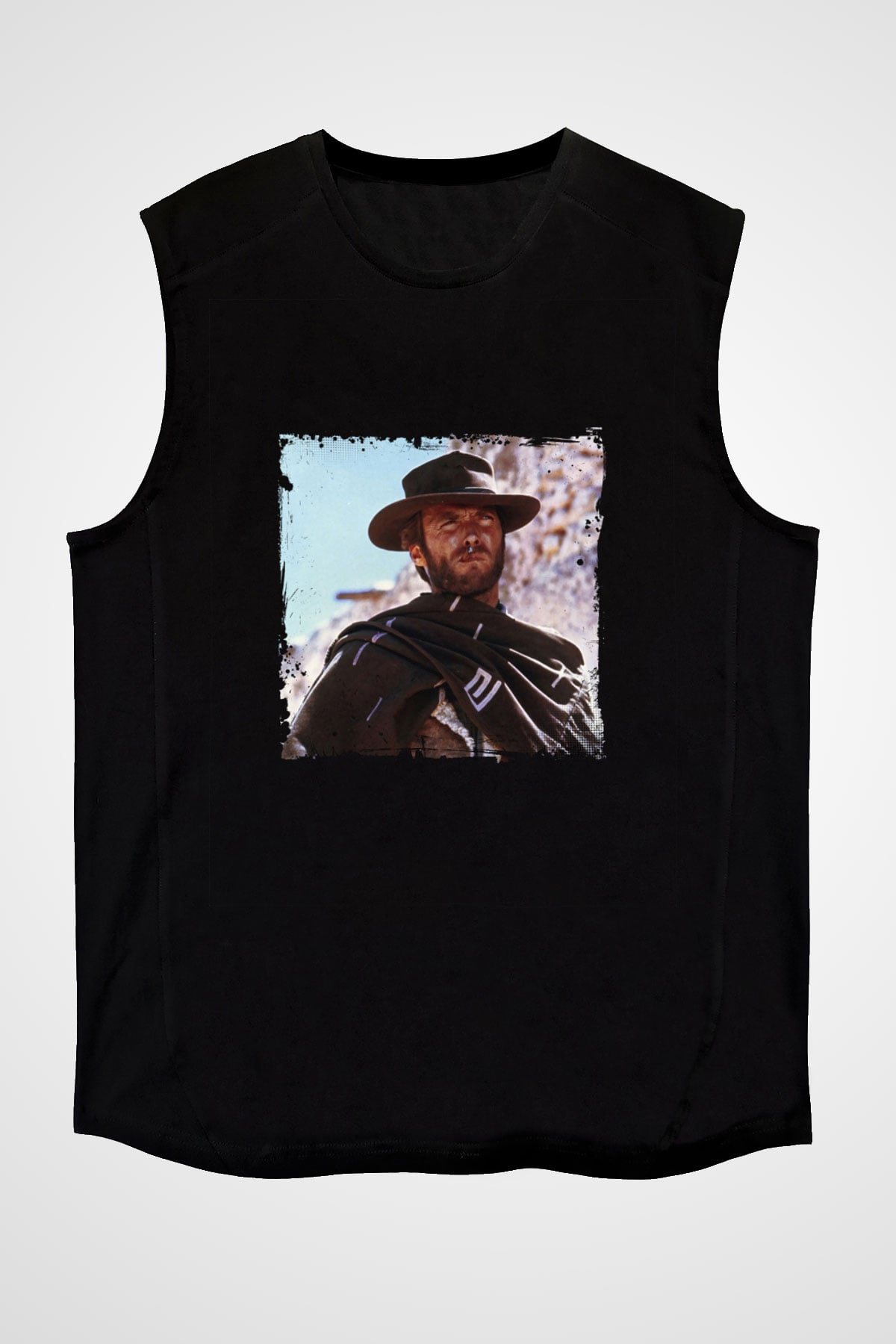 Clint Eastwood Baskılı Unisex Siyah Kolsuz Tişört