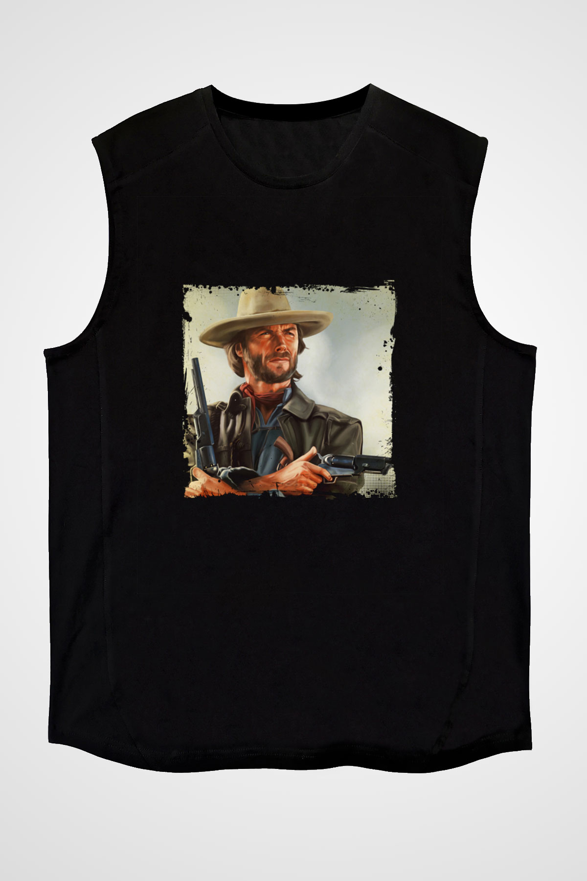 Clint Eastwood Baskılı Unisex Siyah Kolsuz Tişört