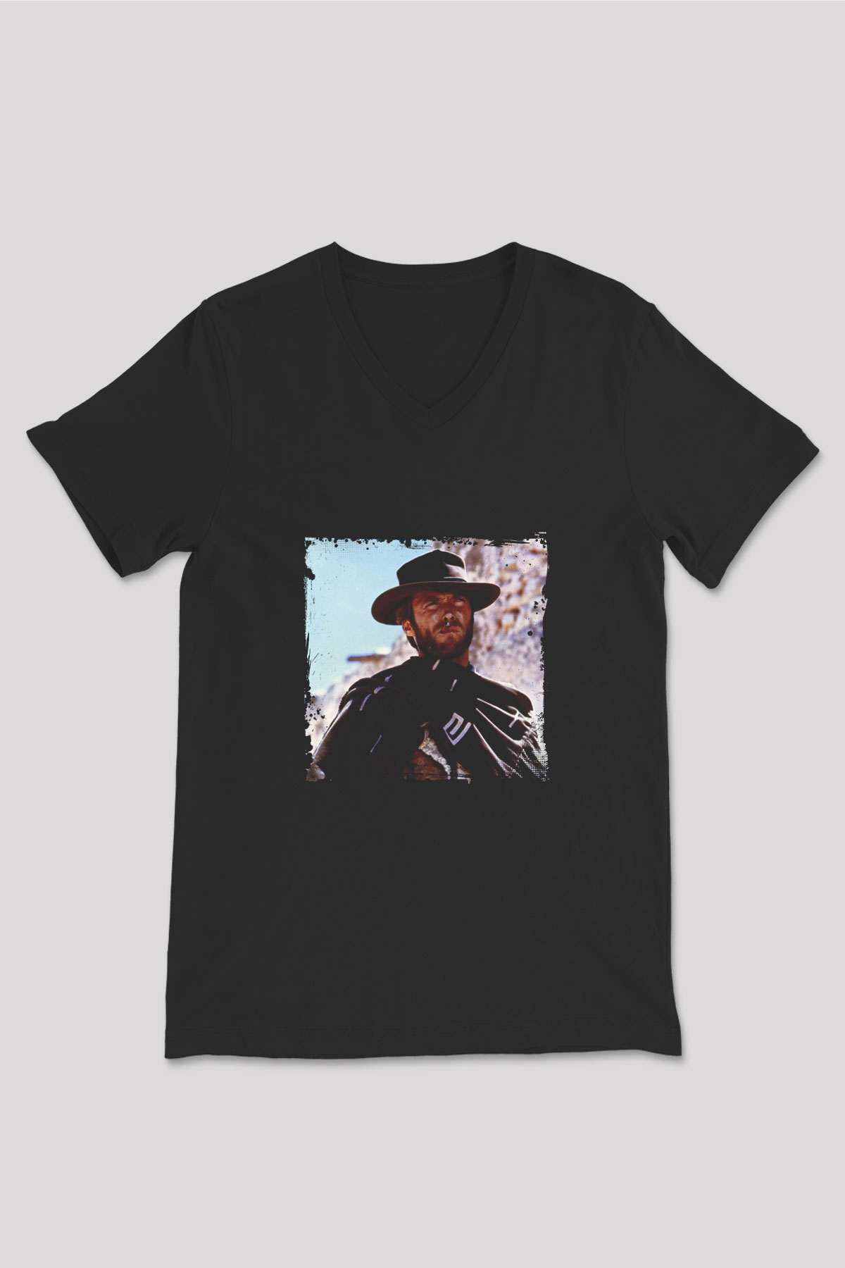 Clint Eastwood Baskılı Unisex Siyah V Yaka Tişört