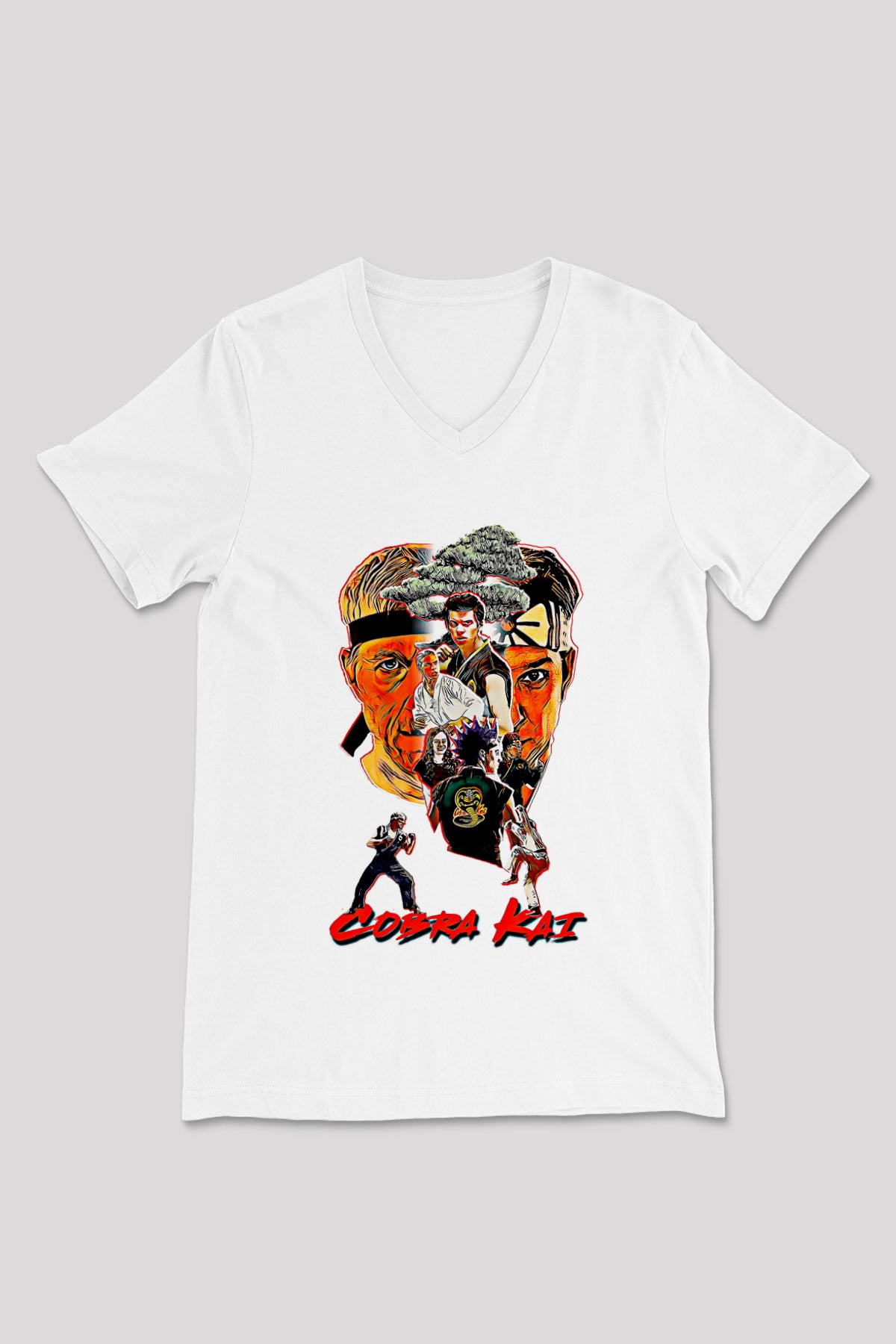 Cobra Kai Baskılı Beyaz Unisex V Yaka Tişört - Tshirt