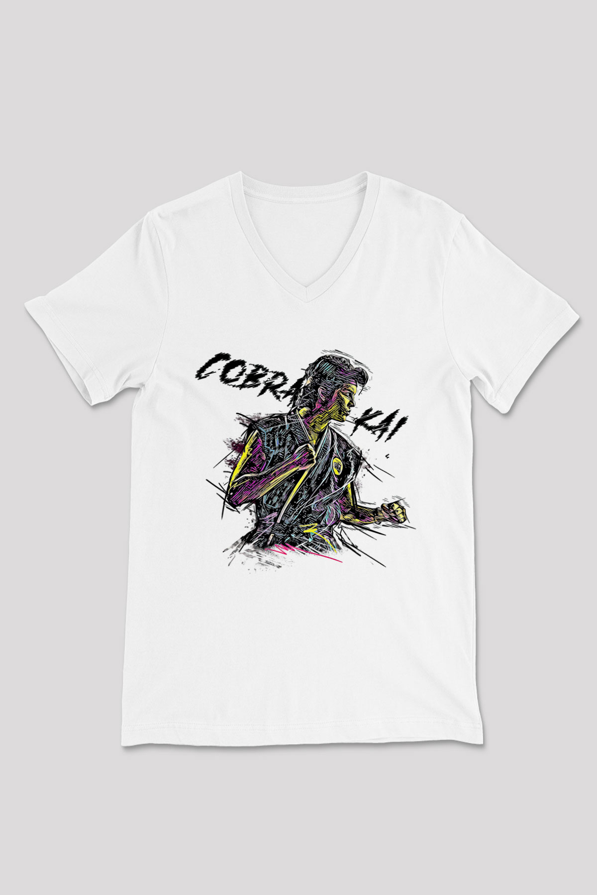 Cobra Kai Baskılı Beyaz Unisex V Yaka Tişört - Tshirt