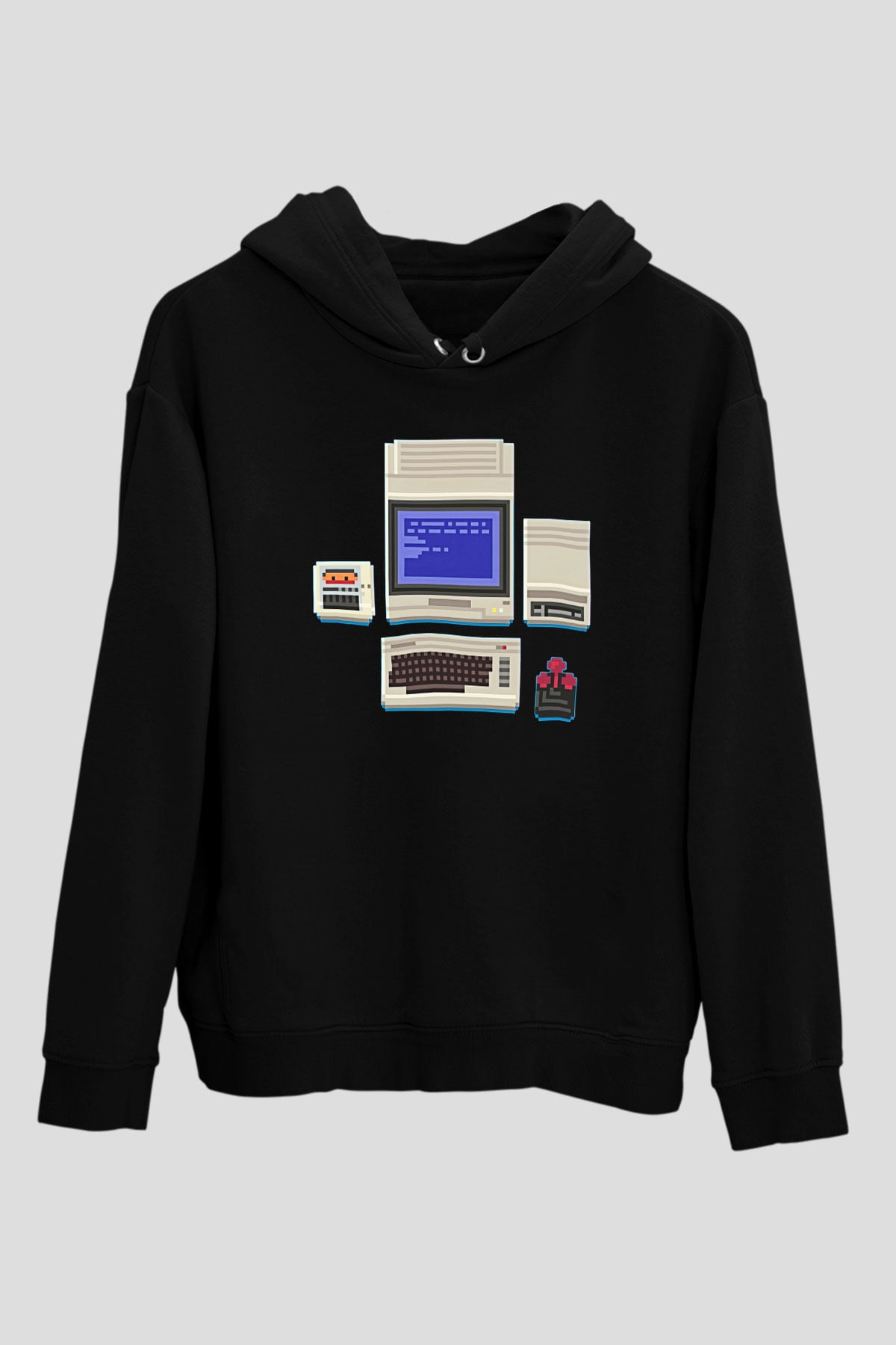 Commodore 64 Baskılı Unisex Siyah Kapüşonlu Sweatshirt