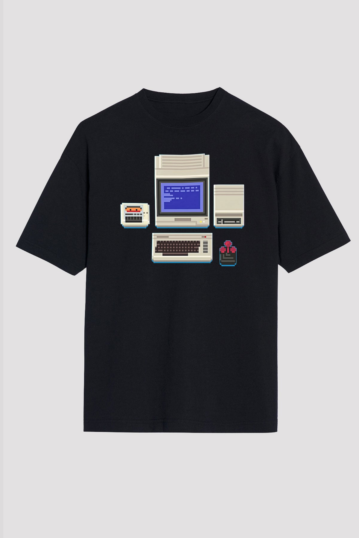 Commodore 64 Baskılı Unisex Siyah Oversize Tişört - Tshirt