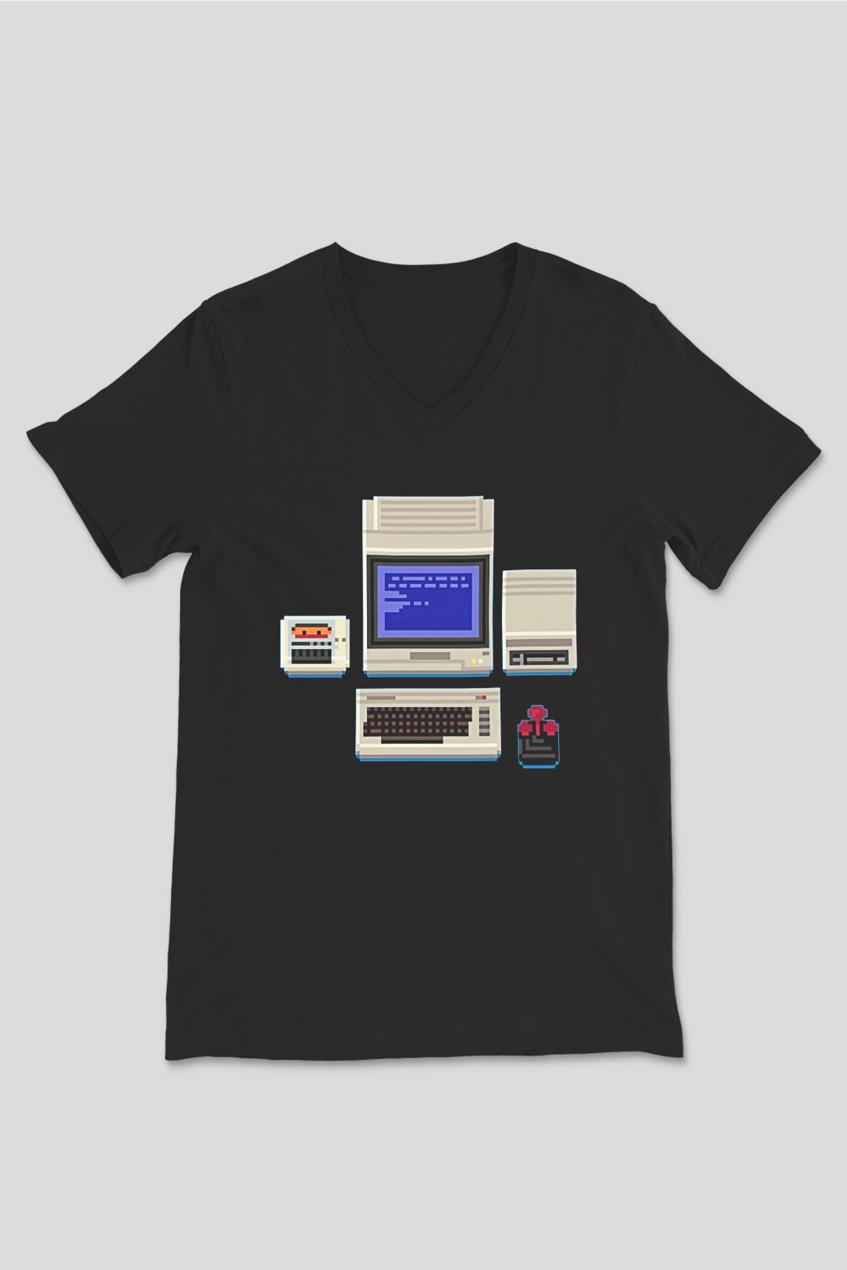 Commodore 64 Baskılı Unisex Siyah V Yaka Tişört - Tshirt
