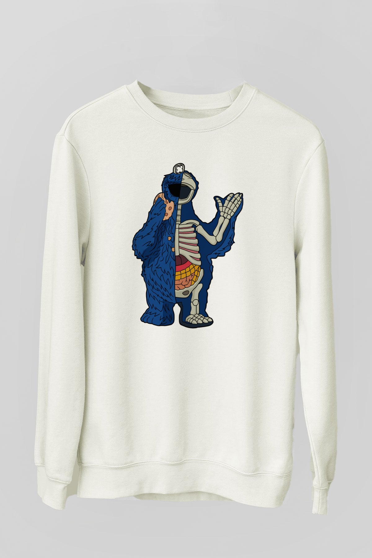 Cookie Monster Baskılı Unisex Beyaz Sweatshirt