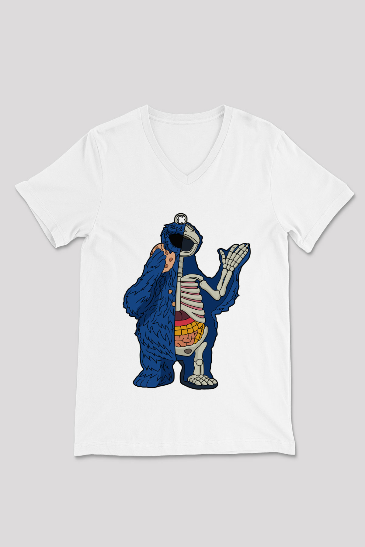 Cookie Monster Baskılı Unisex Beyaz V Yaka Tişört