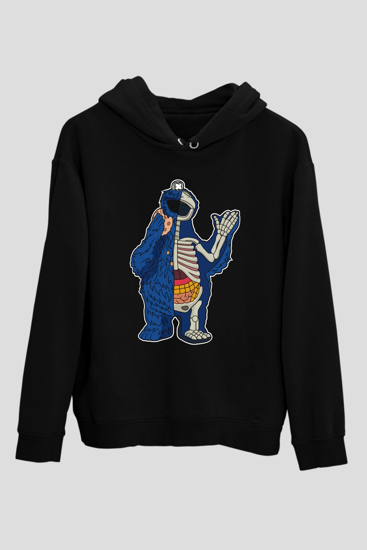 Cookie Monster Baskılı Unisex Siyah Hoodie