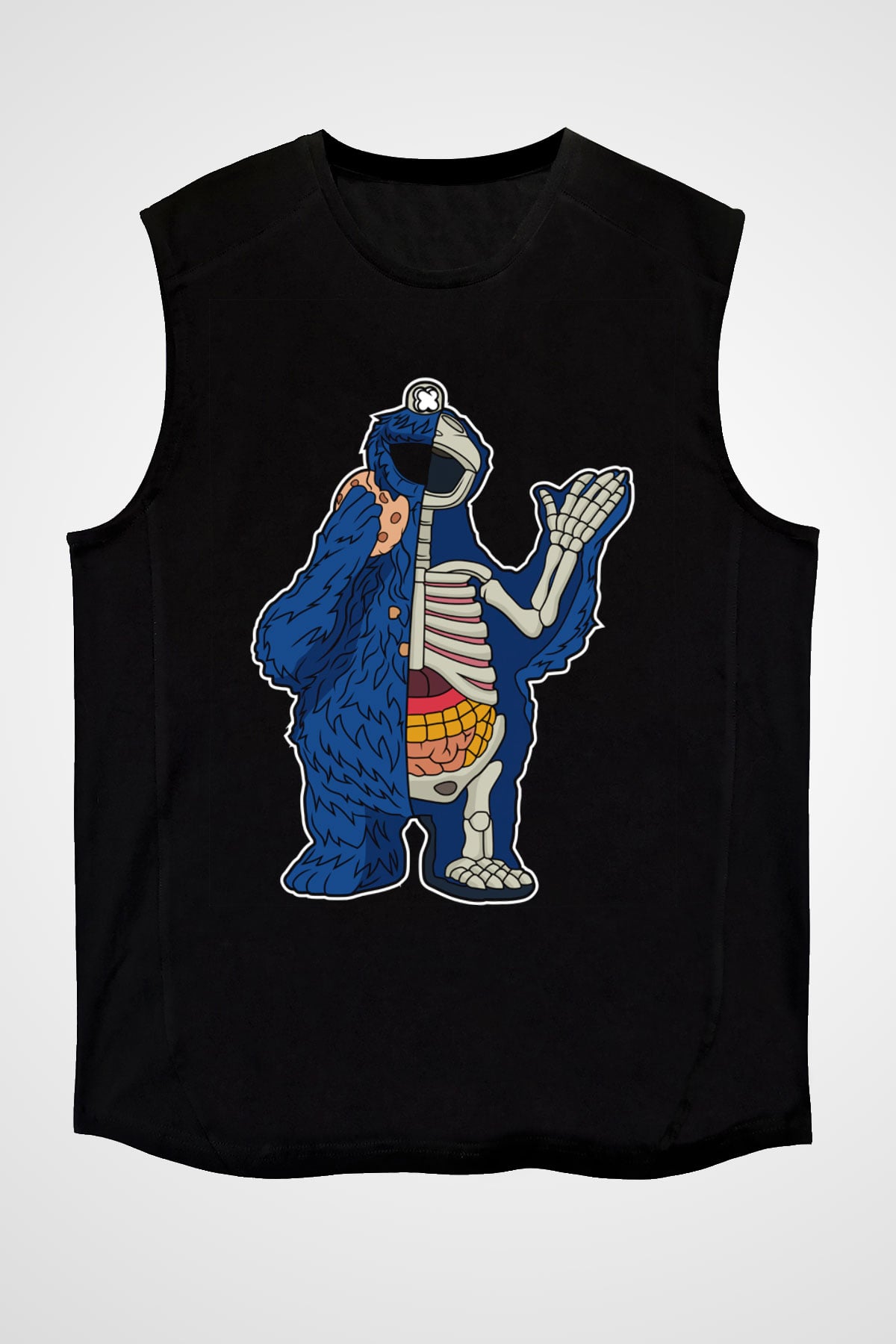 Cookie Monster Baskılı Unisex Siyah Kolsuz Tişört