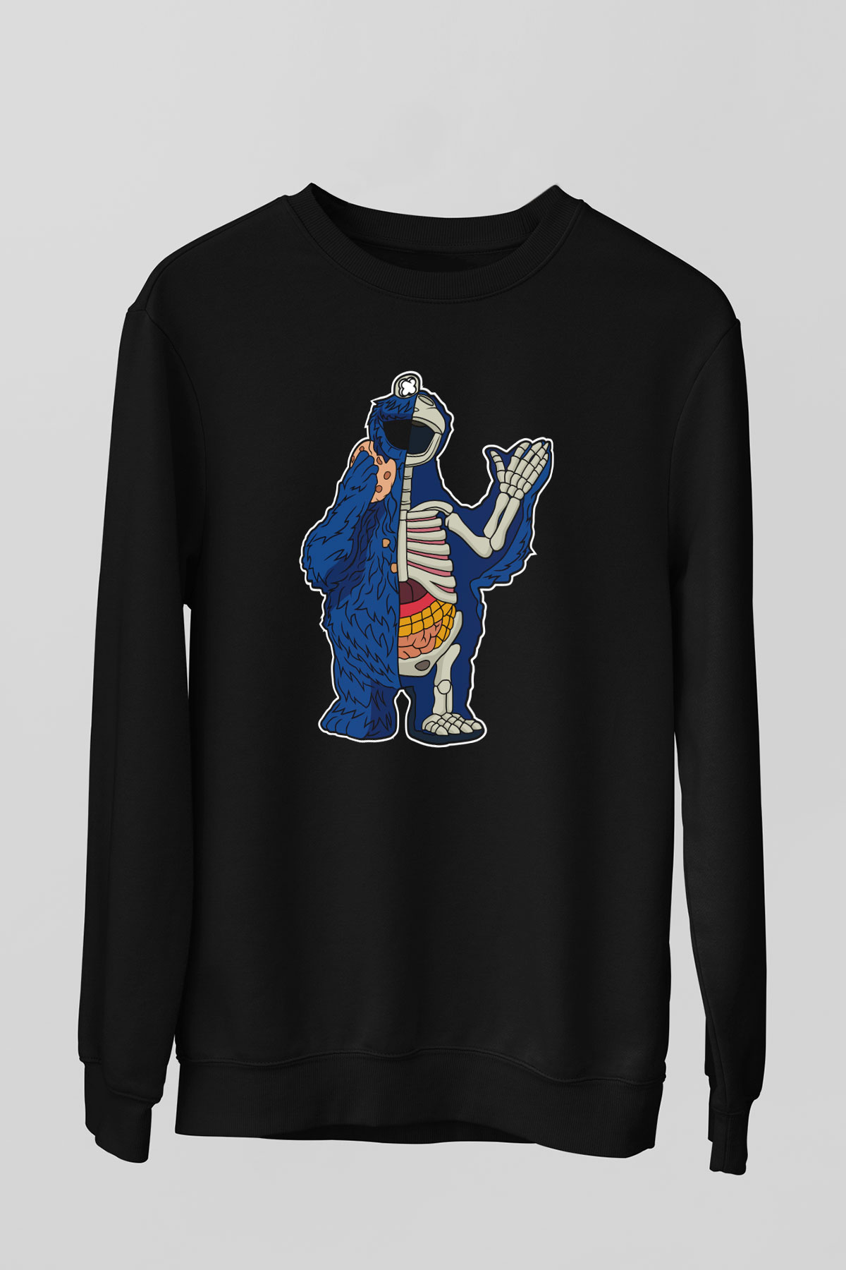 Cookie Monster Baskılı Unisex Siyah Sweatshirt