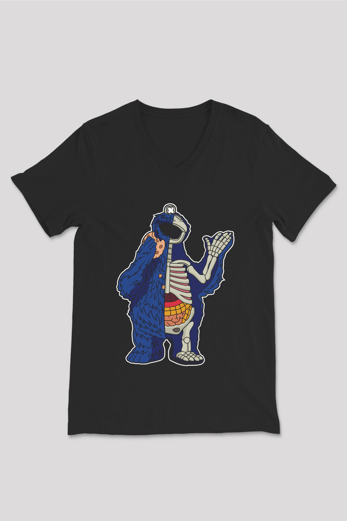 Cookie Monster Baskılı Unisex Siyah V Yaka Tişört