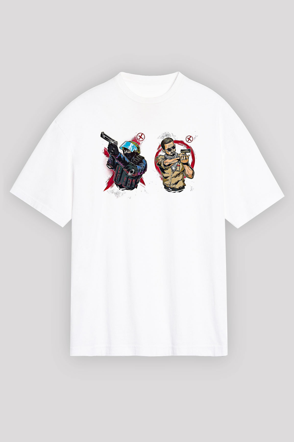 Counter Strike Baskılı Beyaz Unisex Oversize Tişört - Tshirt