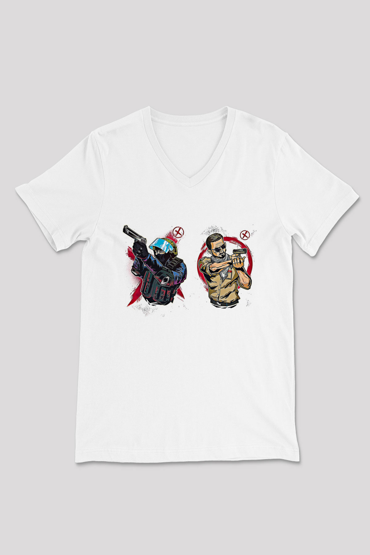 Counter Strike Baskılı Beyaz Unisex V Yaka Tişört - Tshirt