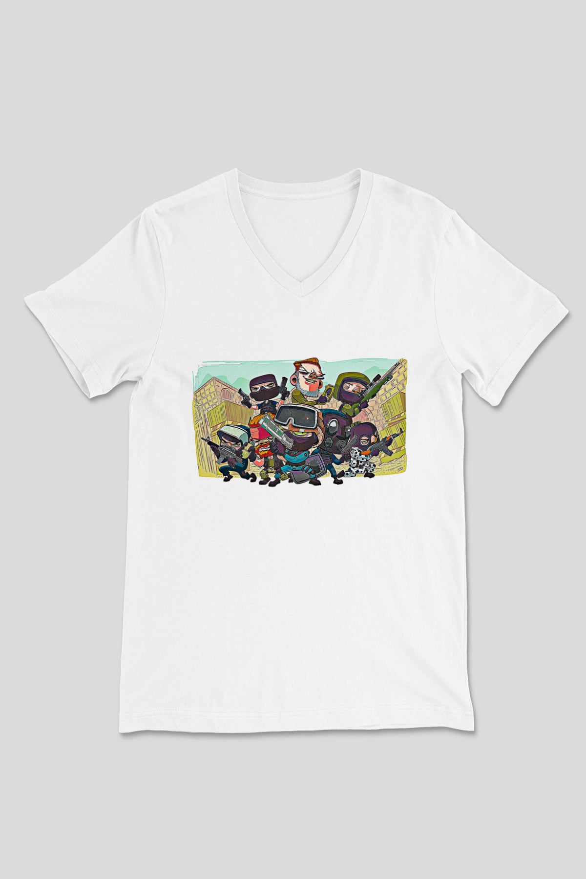 Counter Strike Baskılı Beyaz Unisex V Yaka Tişört - Tshirt