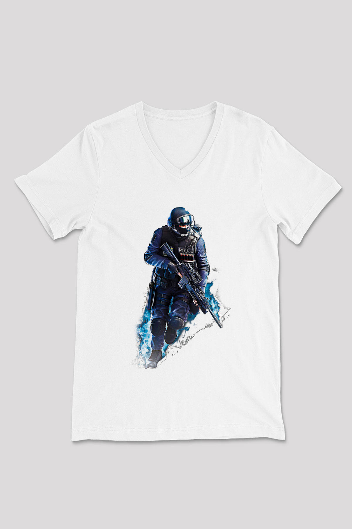 Counter Strike Baskılı Beyaz Unisex V Yaka Tişört - Tshirt