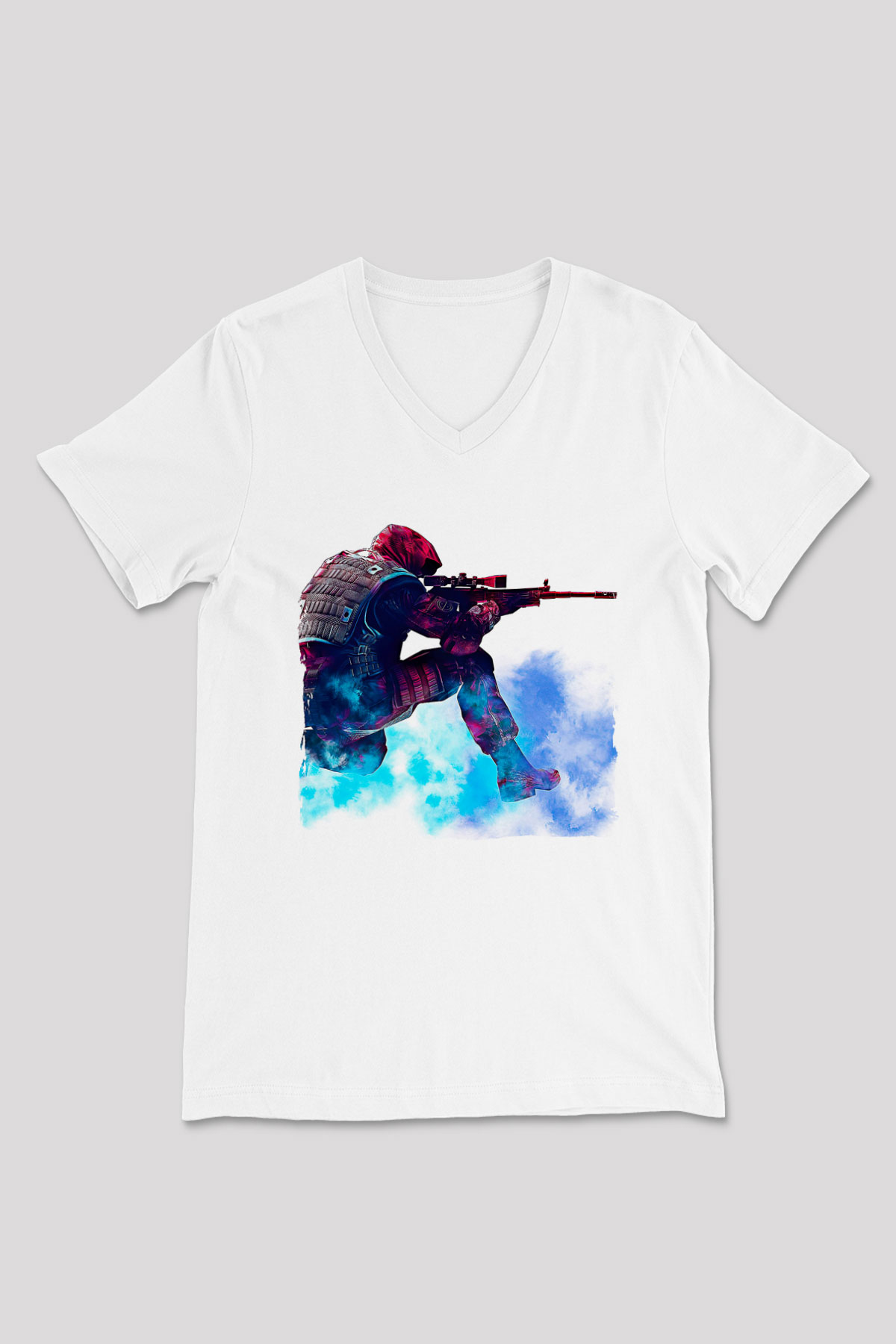 Counter Strike Baskılı Beyaz Unisex V Yaka Tişört - Tshirt