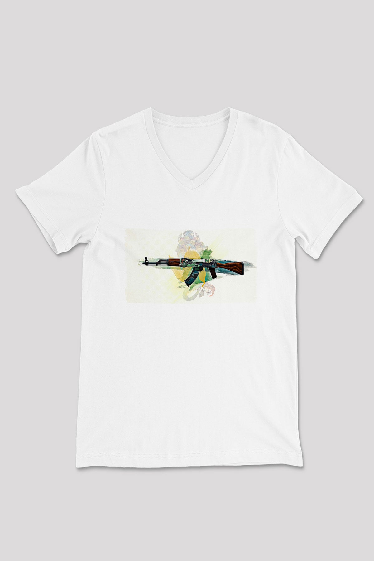 Counter Strike Baskılı Beyaz Unisex V Yaka Tişört - Tshirt