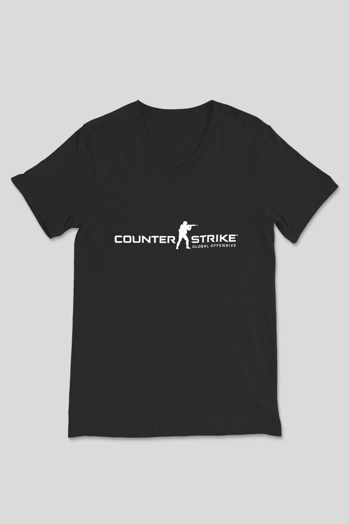 Counter Strike Baskılı Unisex Siyah V Yaka Tişört - Tshirt