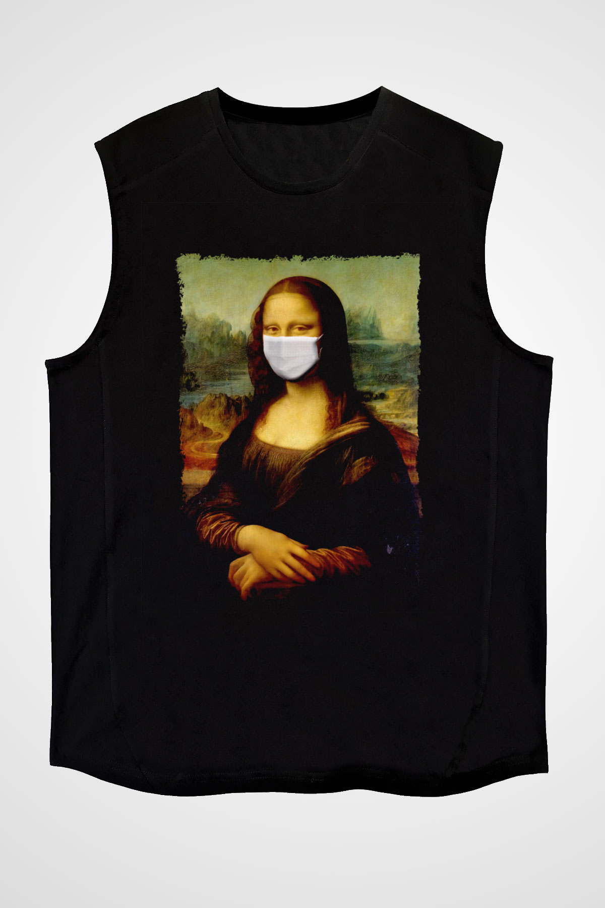 Covid Korona Mona Lisa Baskılı Unisex Siyah  Kolsuz Tişört