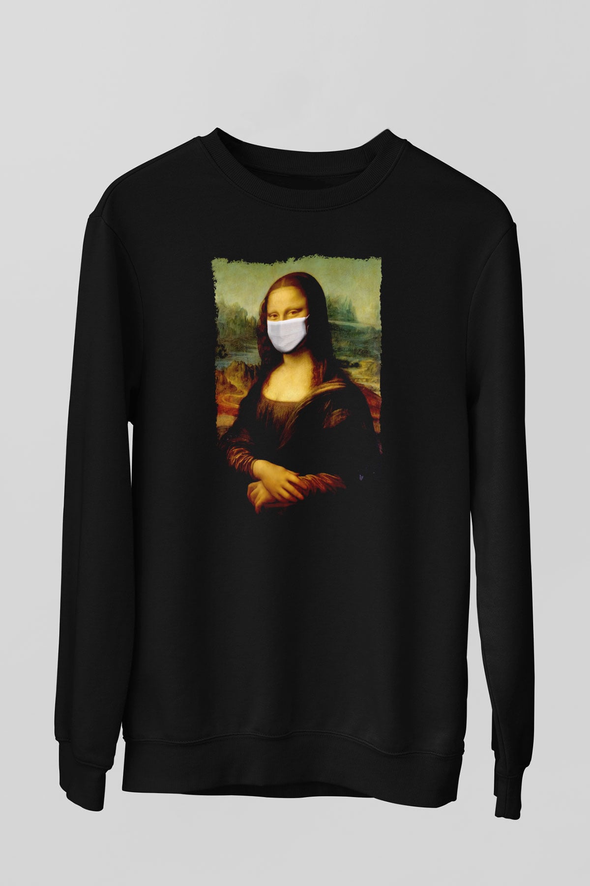 Covid Korona Mona Lisa Baskılı Unisex Siyah  Sweatshirt