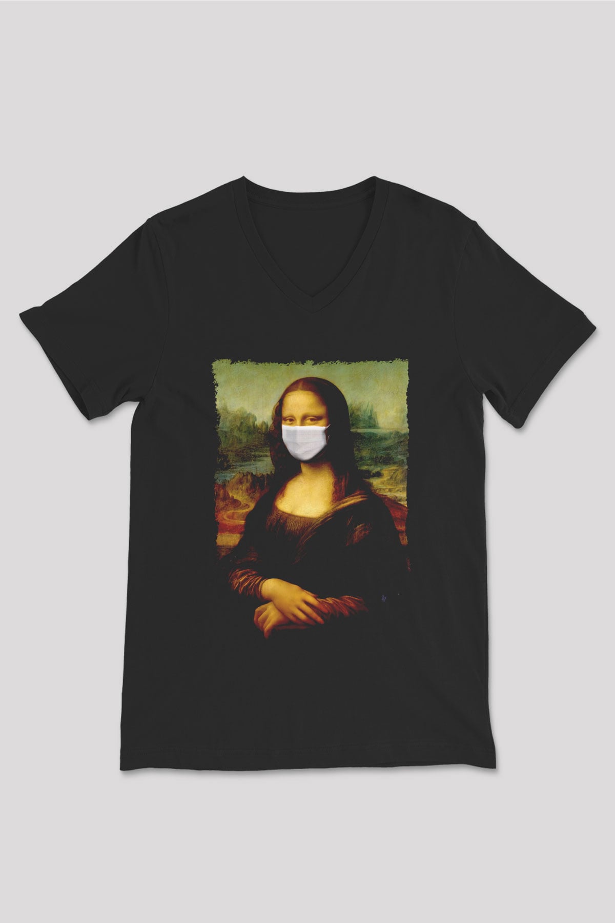 Covid Korona Mona Lisa Baskılı Unisex Siyah  V Yaka Tişört