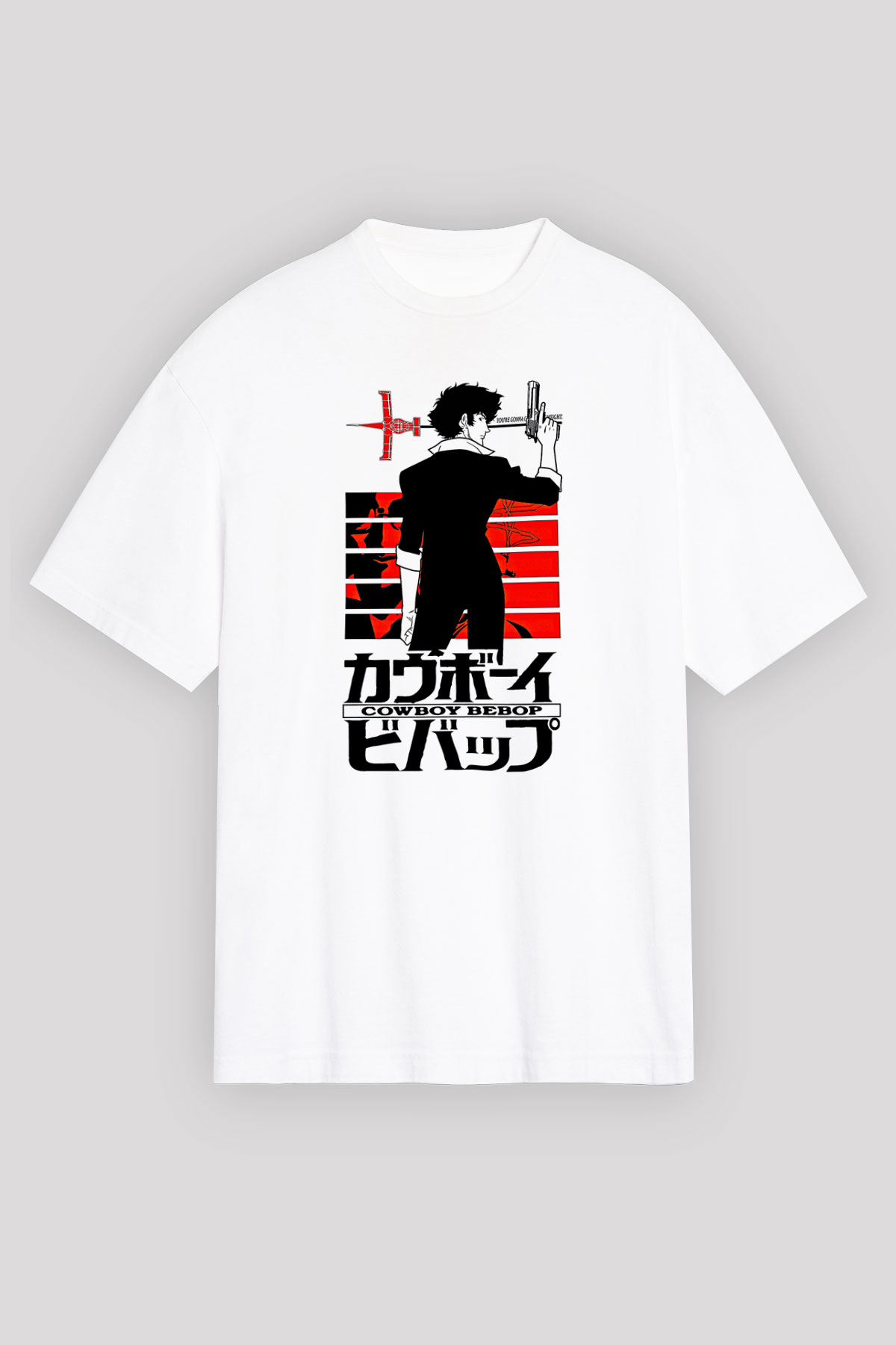 Cowboy Bebop Baskılı Beyaz Unisex Oversize Tişört - Tshirt