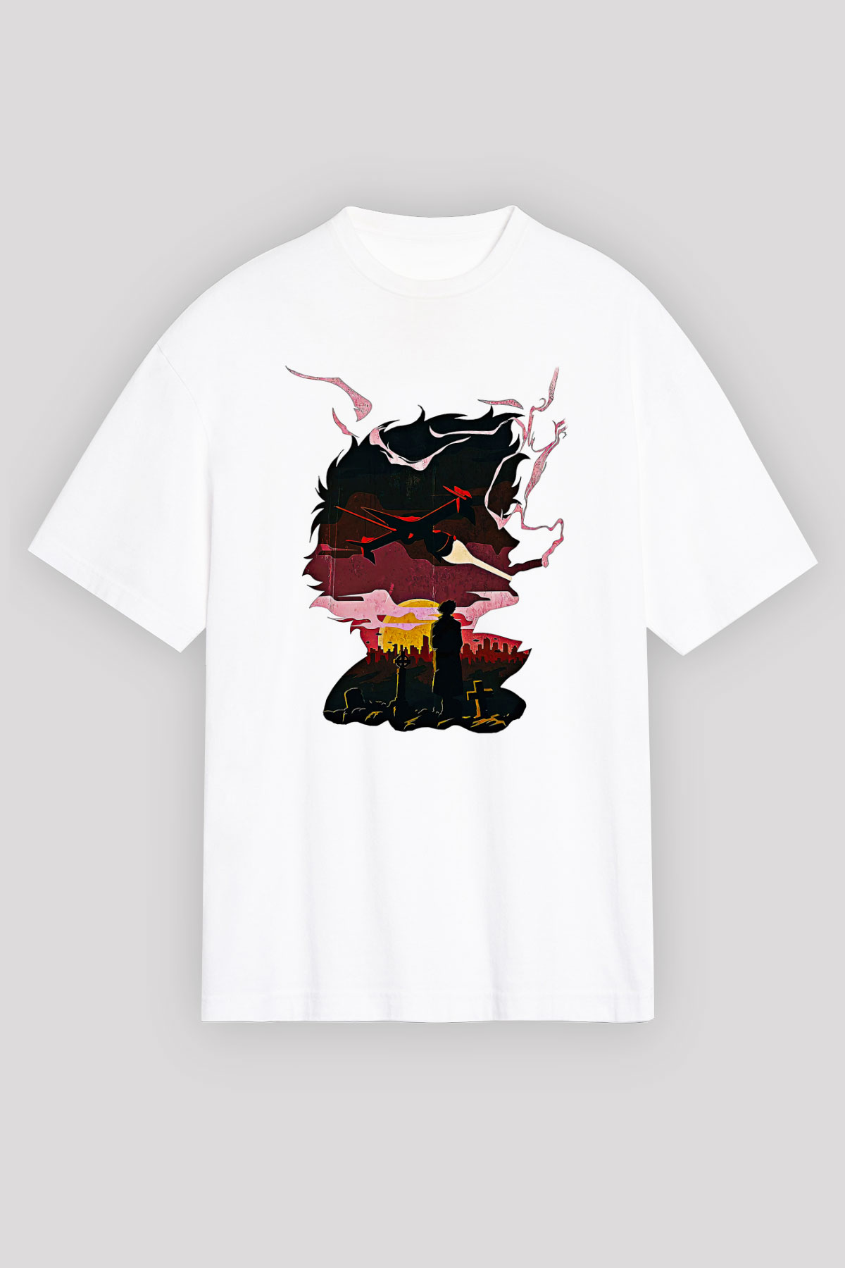 Cowboy Bebop Baskılı Beyaz Unisex Oversize Tişört - Tshirt