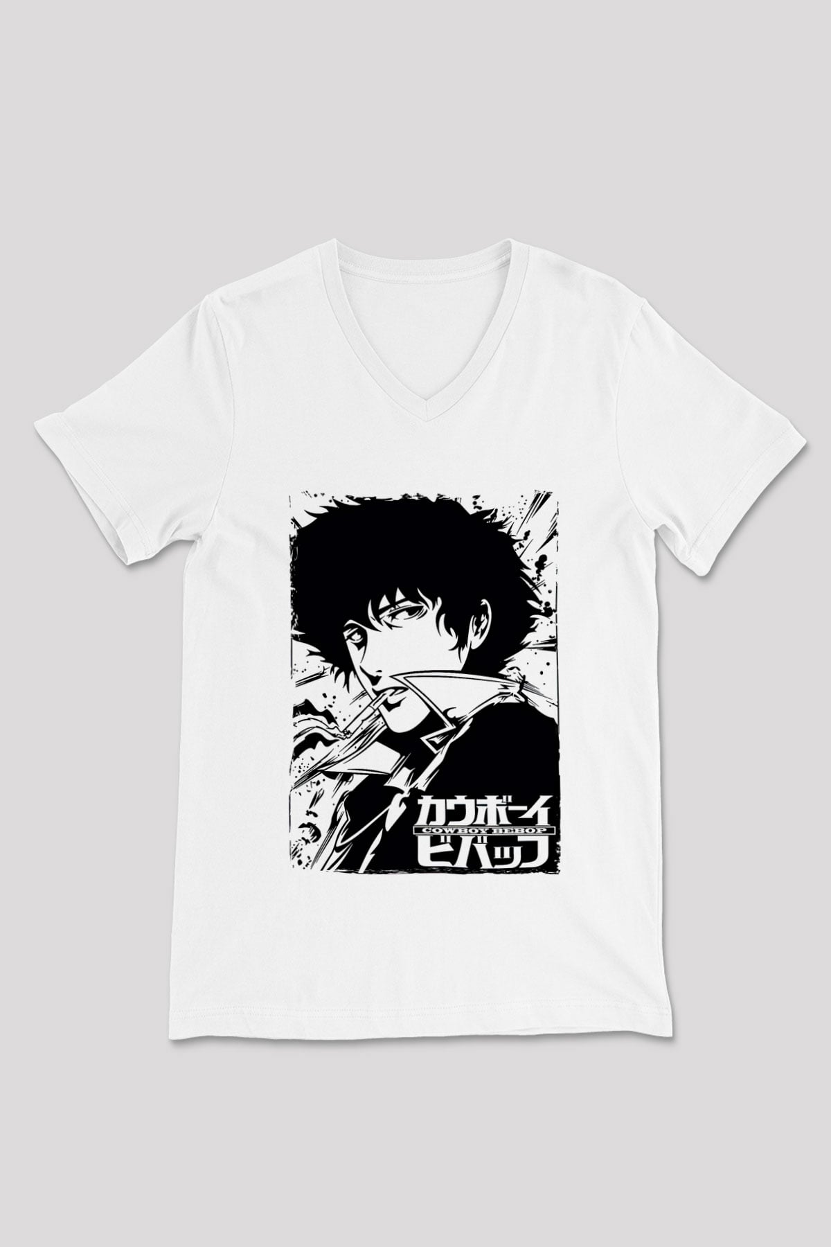 Cowboy Bebop Baskılı Beyaz Unisex V Yaka Tişört - Tshirt