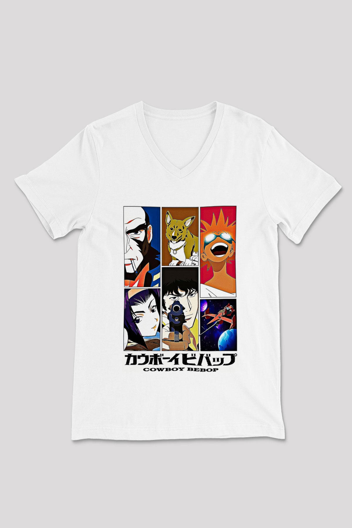 Cowboy Bebop Baskılı Beyaz Unisex V Yaka Tişört - Tshirt