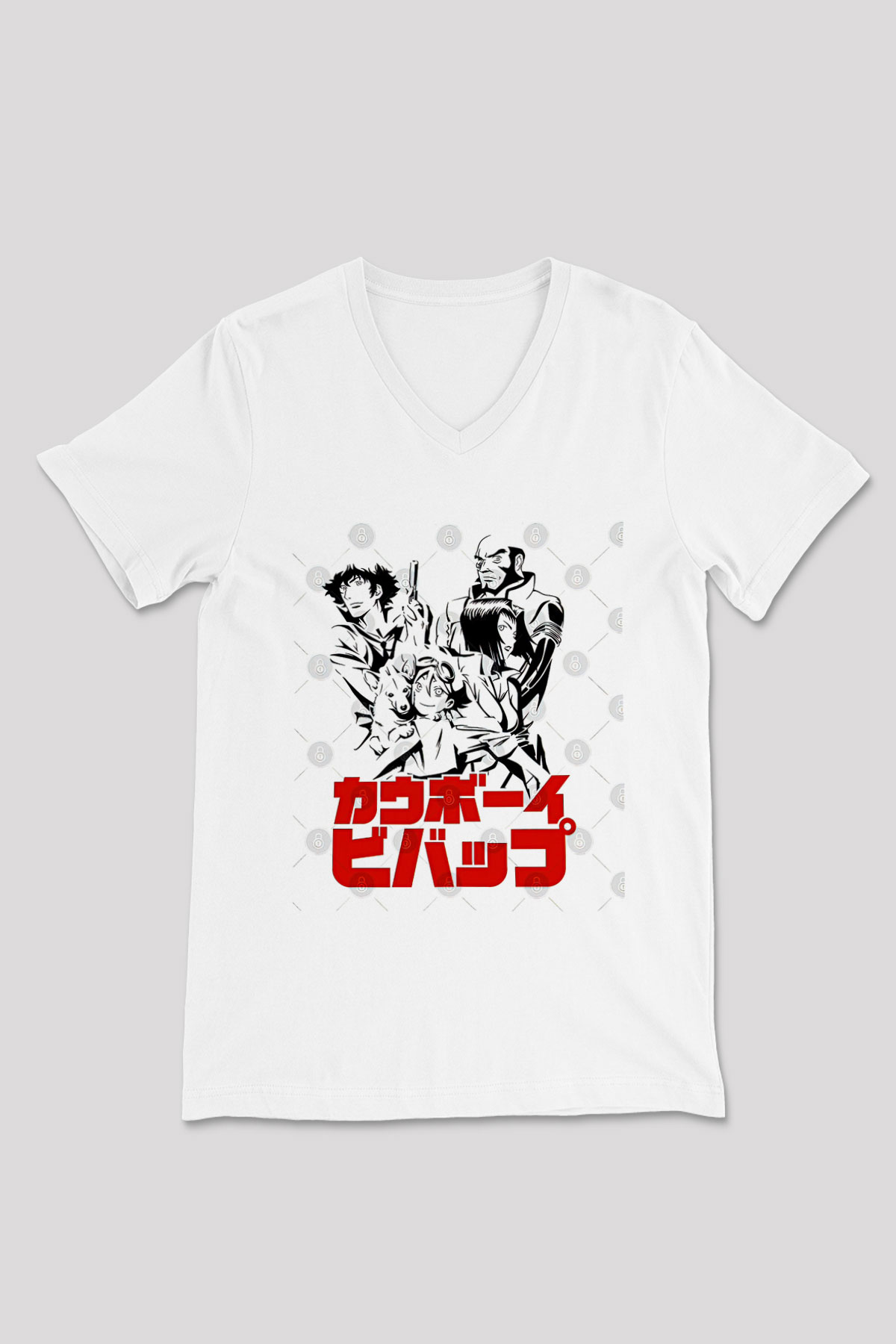 Cowboy Bebop Baskılı Beyaz Unisex V Yaka Tişört - Tshirt