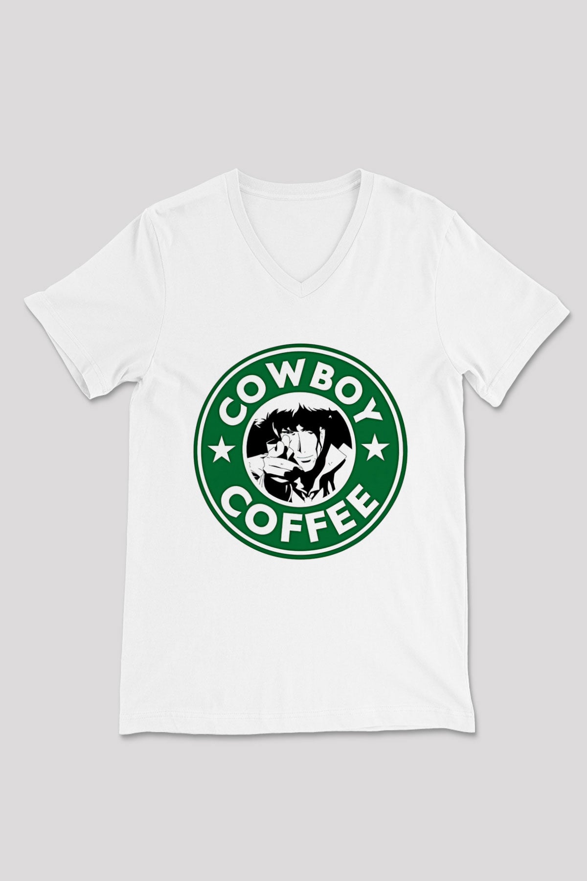 Cowboy Bebop Baskılı Beyaz Unisex V Yaka Tişört - Tshirt
