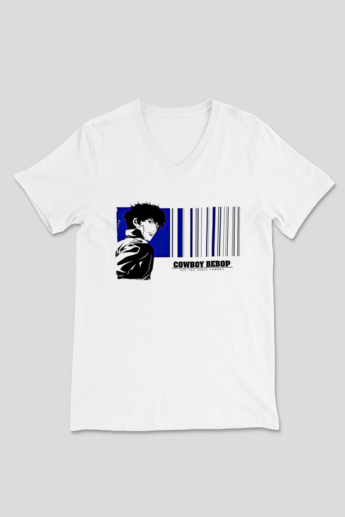 Cowboy Bebop Baskılı Beyaz Unisex V Yaka Tişört - Tshirt
