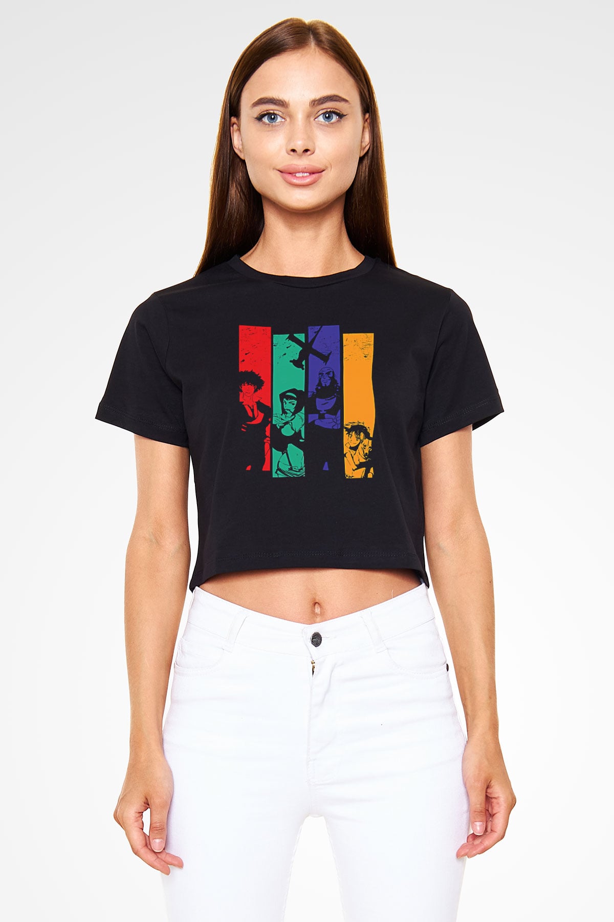 Cowboy Bebop Baskılı Siyah Crop Top Kadın Tişört - Tshirt