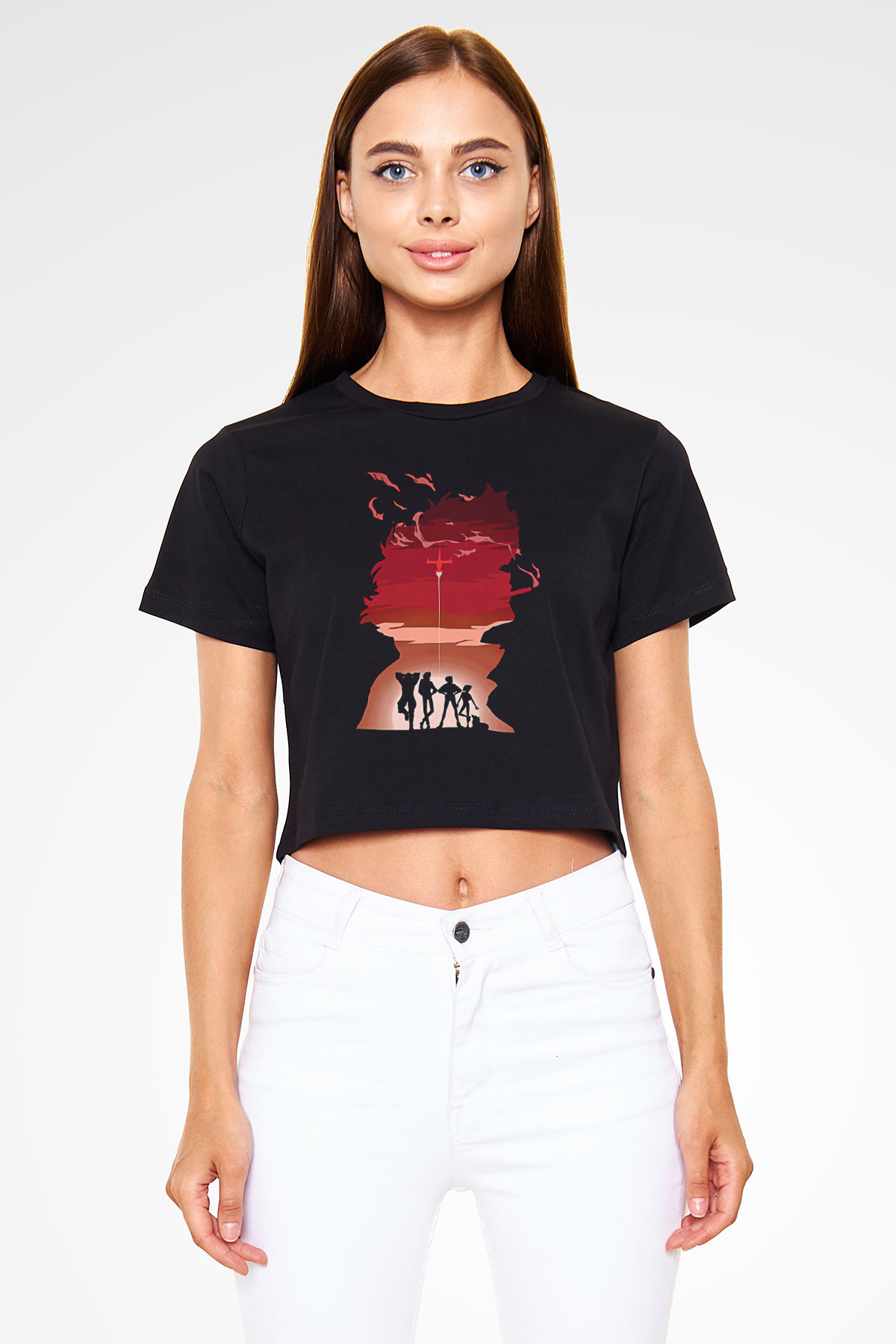 Cowboy Bebop Baskılı Siyah Crop Top Kadın Tişört - Tshirt