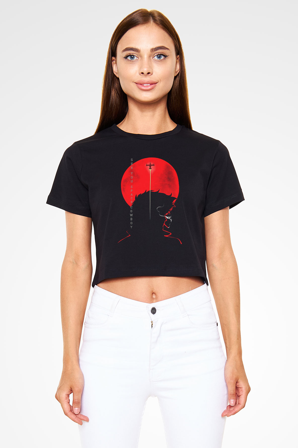Cowboy Bebop Baskılı Siyah Crop Top Kadın Tişört - Tshirt