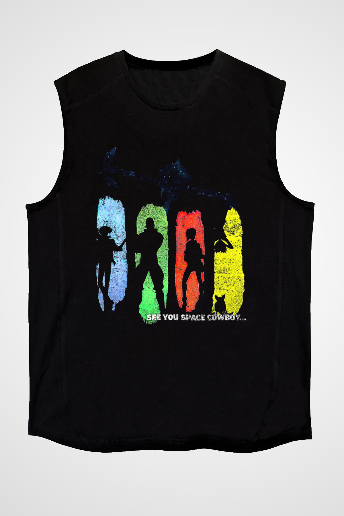 Cowboy Bebop Baskılı Unisex Siyah Kolsuz Tişört - Tshirt