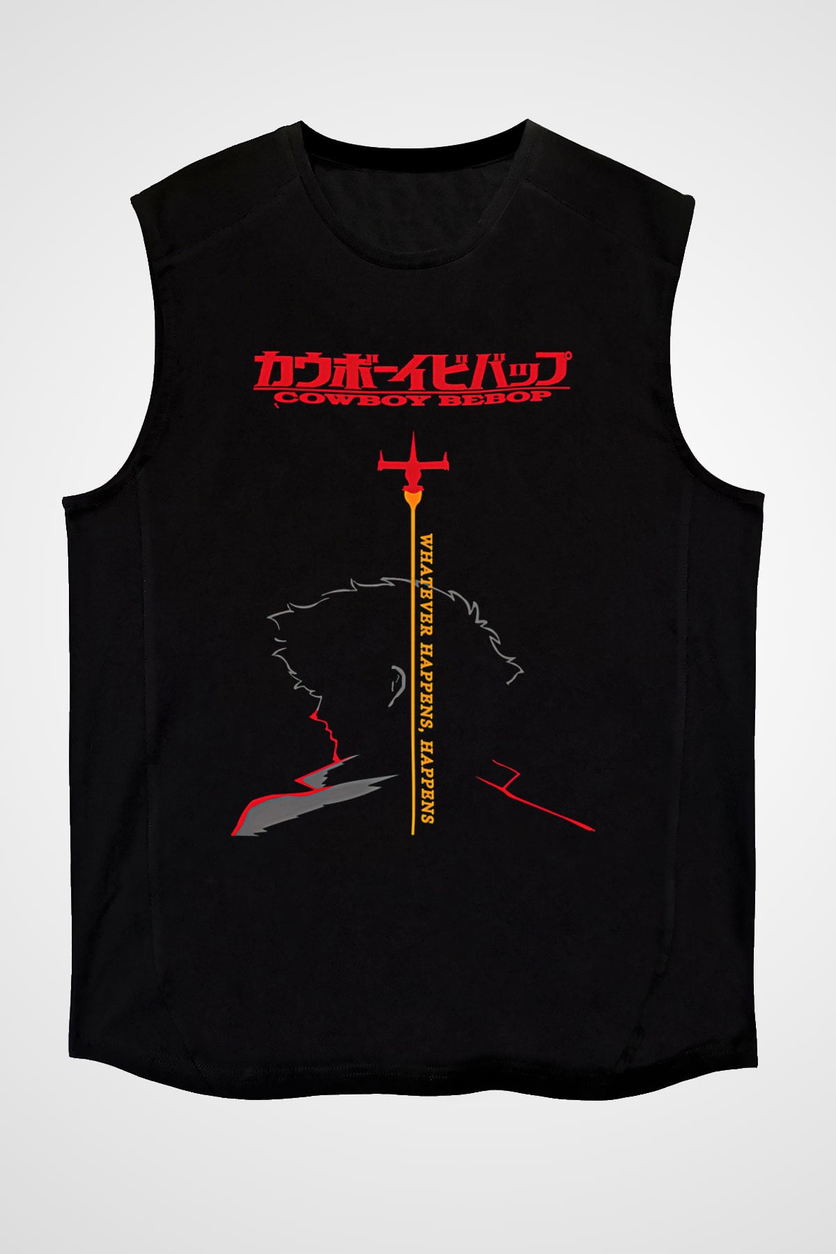 Cowboy Bebop Baskılı Unisex Siyah Kolsuz Tişört - Tshirt