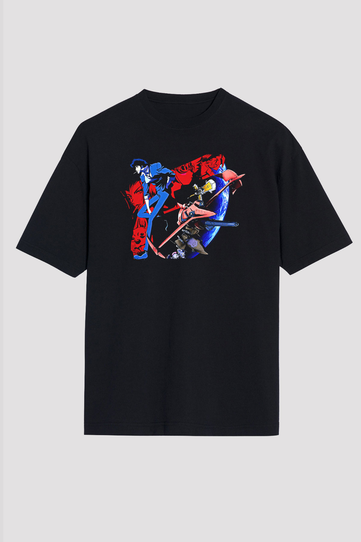 Cowboy Bebop Baskılı Unisex Siyah Oversize Tişört - Tshirt